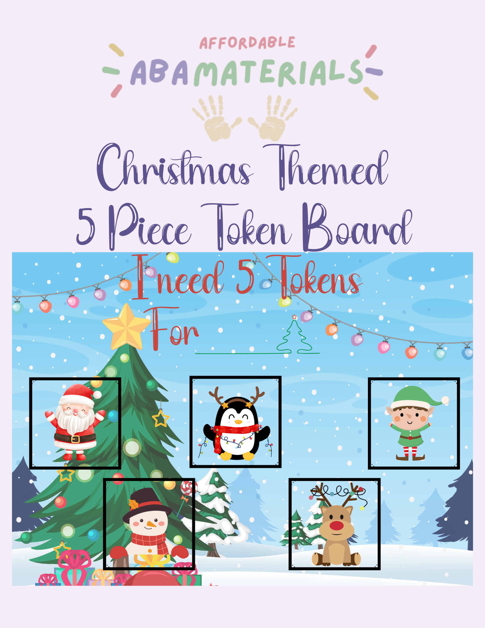 Christmas Themed 5 Piece Printable Token Board. Features a Christmas Background with each token being a Festive Christmas Character. This is a digital download
