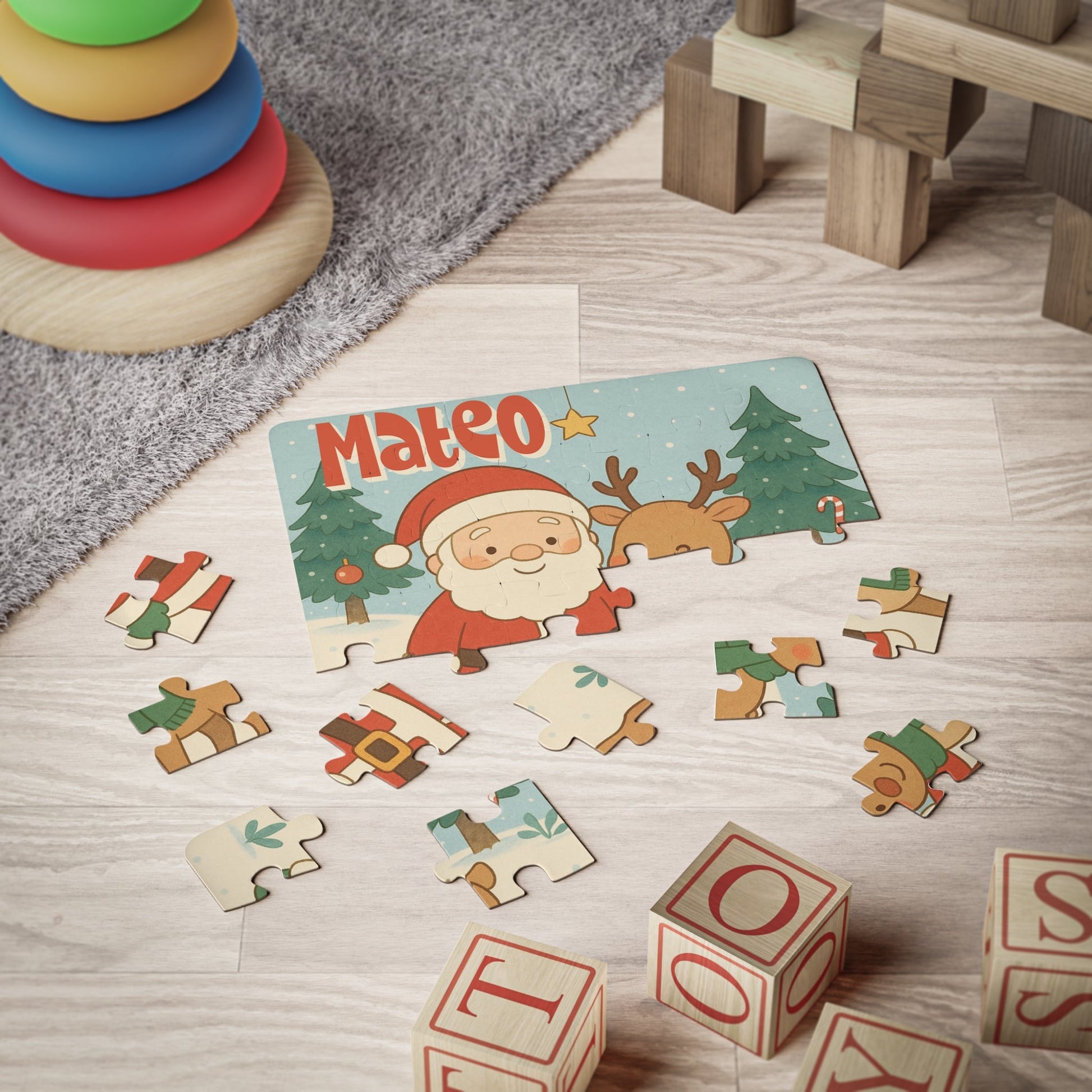 Personalized Santa & Reindeer Puzzle – Custom Name Kids Christmas Jigsaw, 30-Piece Holiday Gift Affordable ABA Materials