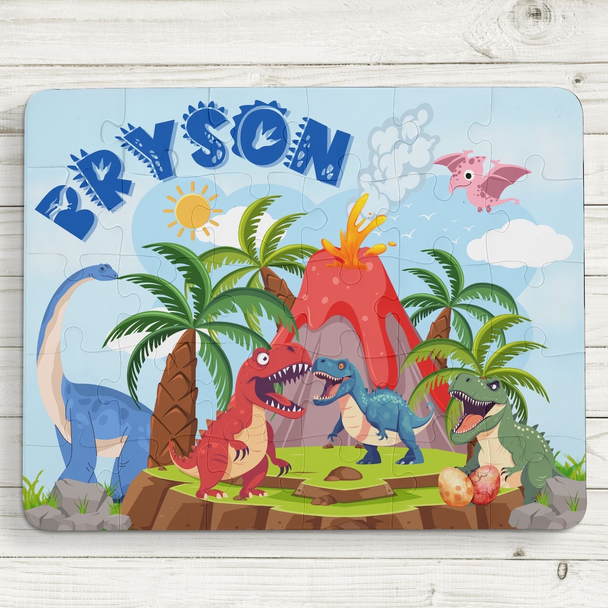 Personalized Dinosaur Jigsaw Puzzle – 30-Piece Jurassic Volcano Scene with T-Rex Printify
