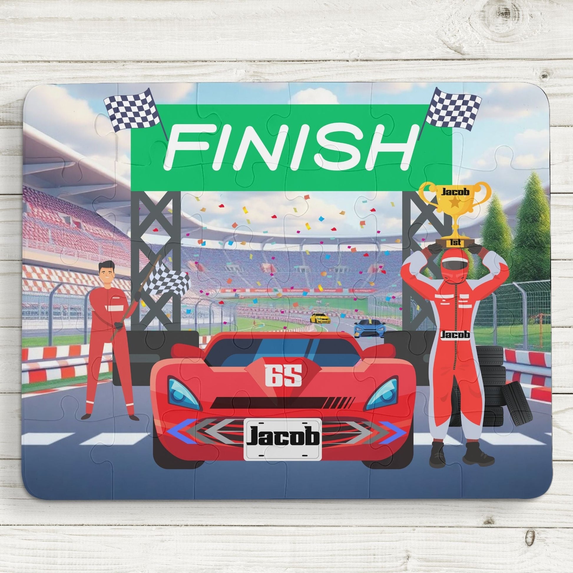 Personalized Kids Racecar Puzzle – 30-Piece Speedway Jigsaw with Winning Car, Custom Name on License Plate, Driver & Trophy Scene Printify