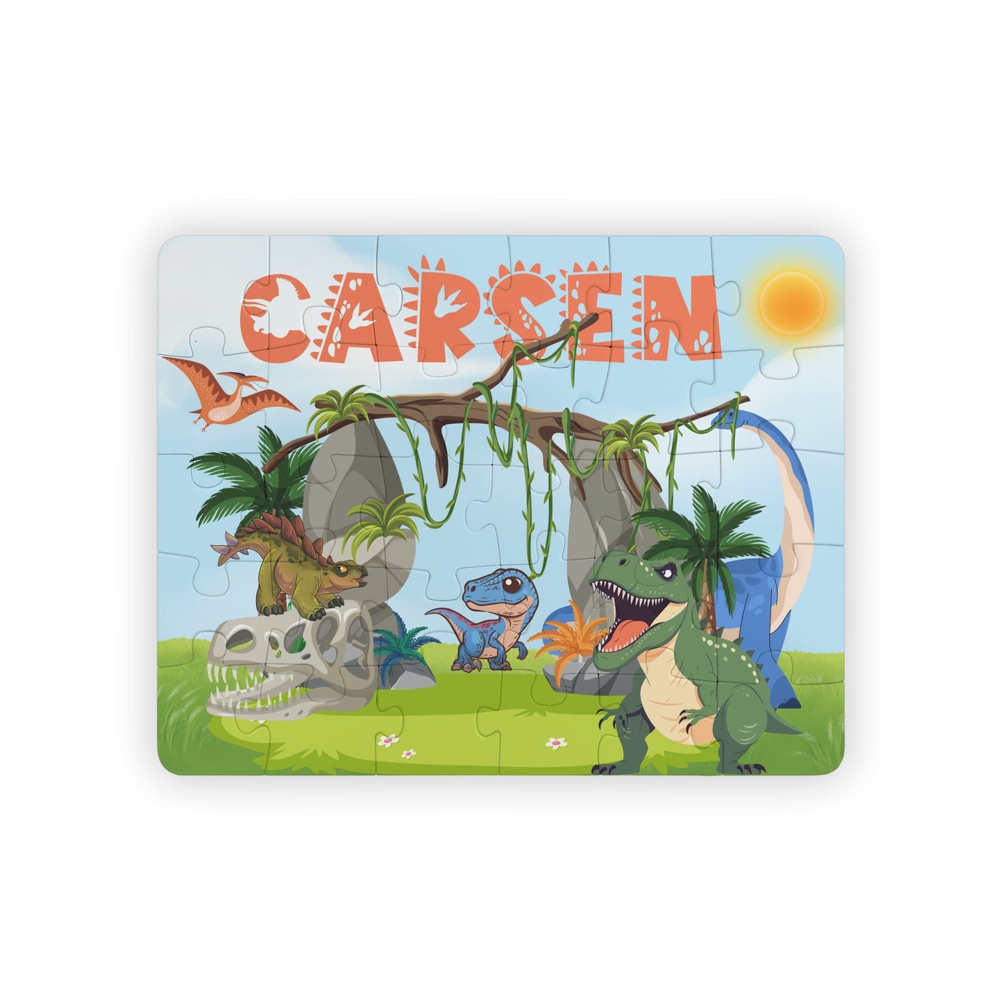 Personalized dinosaur name puzzle for kids featuring a colorful Jurassic scene with multiple cartoon dinosaurs, vines, rocks, and palm trees. The child’s name is customizable and appears large across the top of the puzzle (shown as “Carsen”), making this a custom 30-piece jigsaw designed for toddlers and young children.