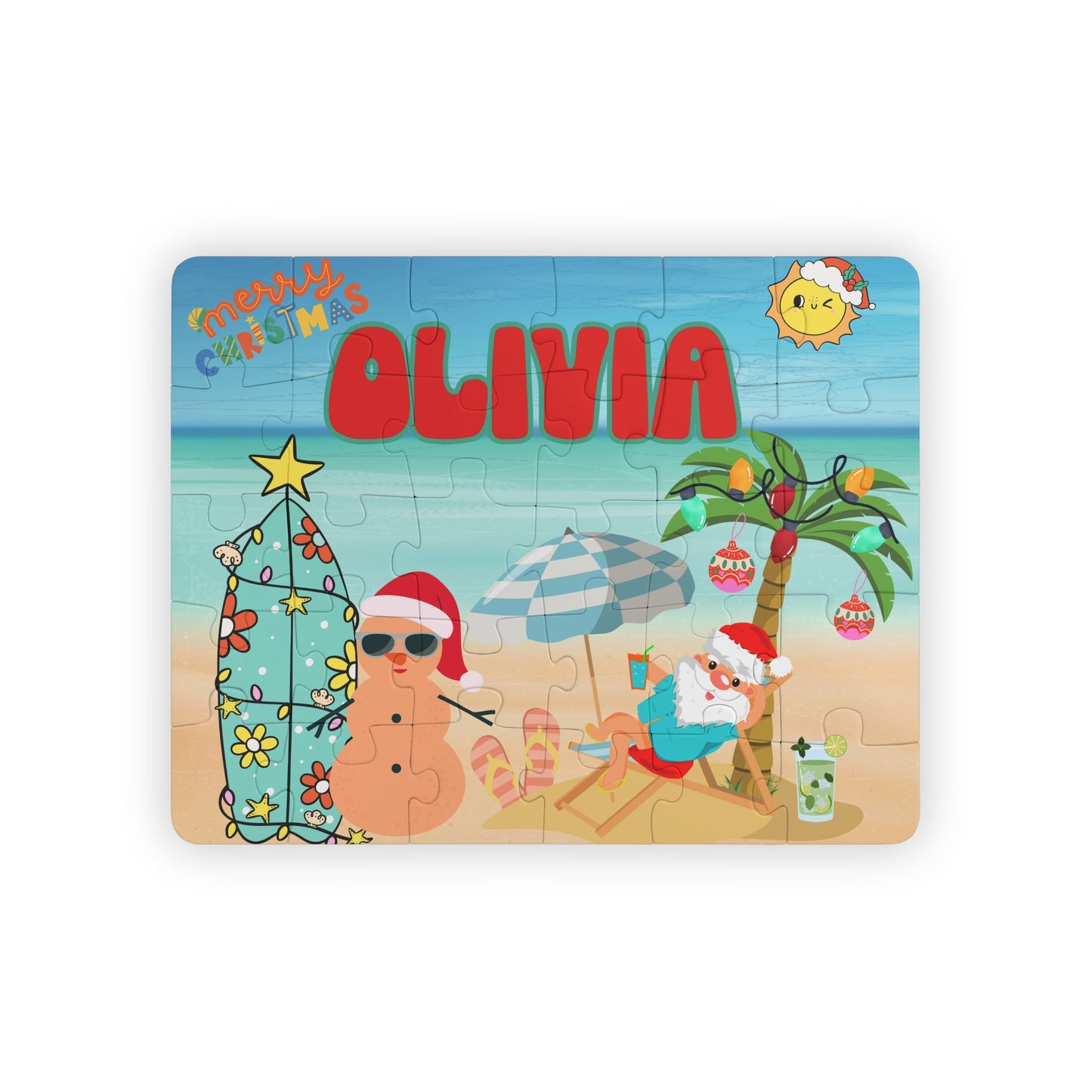 Personalized beach Christmas kids puzzle featuring a Santa relaxing at the beach with palm trees, holiday decorations, and a festive seaside scene. The puzzle includes a customizable name printed prominently across the top and is a 30-piece jigsaw designed for children.