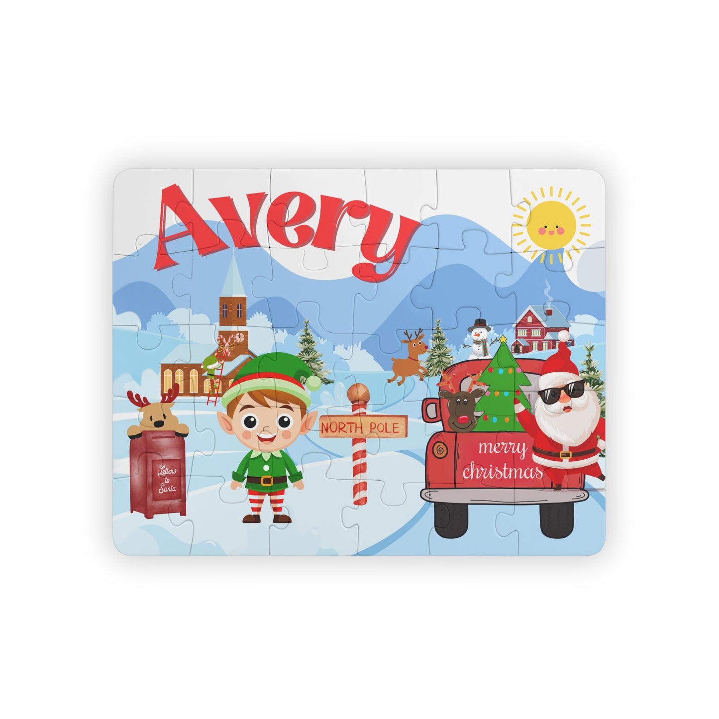 Personalized 30-piece kids Christmas jigsaw puzzle featuring a North Pole village scene with an elf, Santa, reindeer, and winter buildings, with a customizable name displayed across the top of the puzzle.