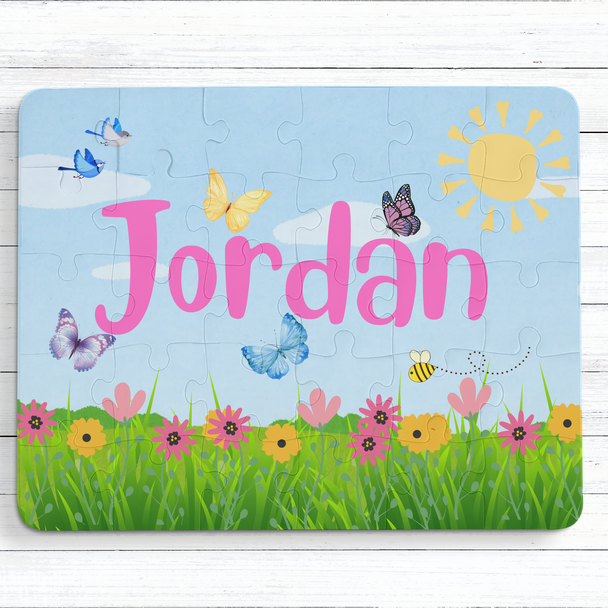 Personalized 30-Piece Kids Puzzle – Flowers, Butterflies, Birds & Bees on a Sunny Day Printify