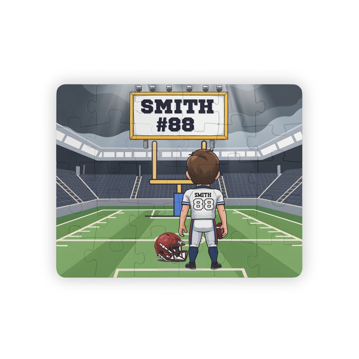 Personalized football jigsaw puzzle showing a boy standing on a football field facing a scoreboard with a customizable name and number displayed above him. The child’s name appears on the scoreboard, and the jersey number appears on the back of the uniform.