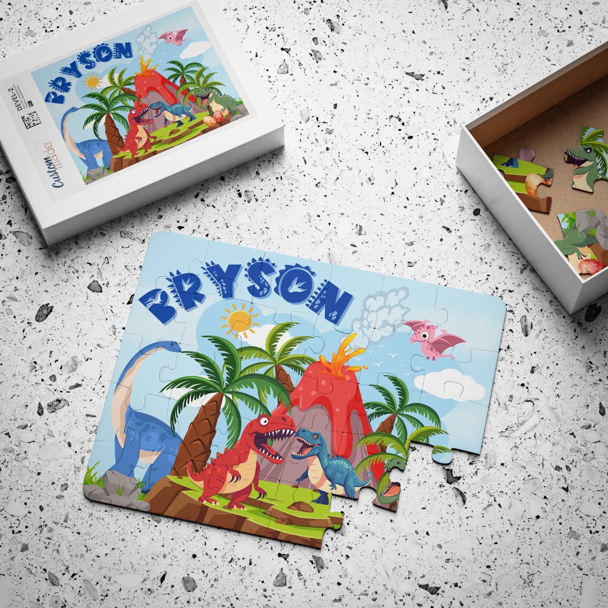 Personalized Dinosaur Jigsaw Puzzle – 30-Piece Jurassic Volcano Scene with T-Rex Printify