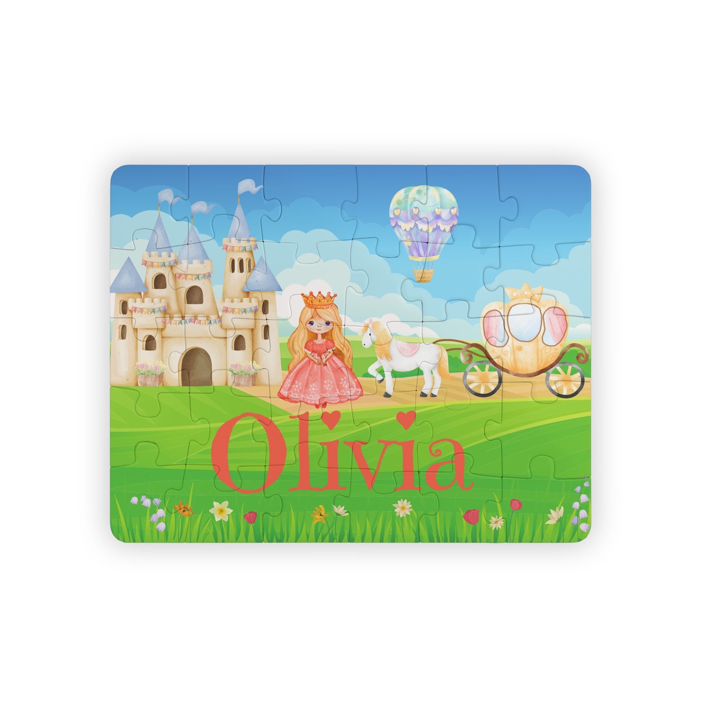Personalized kids princess jigsaw puzzle with a customizable name displayed across the bottom of the puzzle, featuring a princess, castle, horse carriage, and storybook landscape in a 30-piece format.