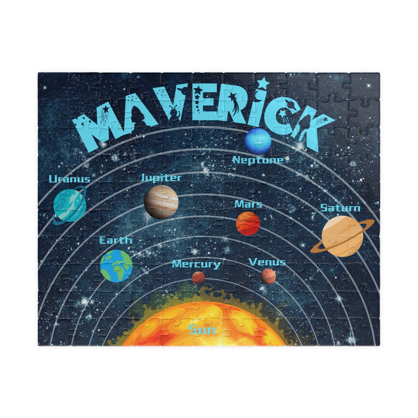 Personalized 110-piece solar system puzzle for kids featuring labeled planets, stars, and a custom name at the top, designed as an educational space-themed jigsaw for older children.