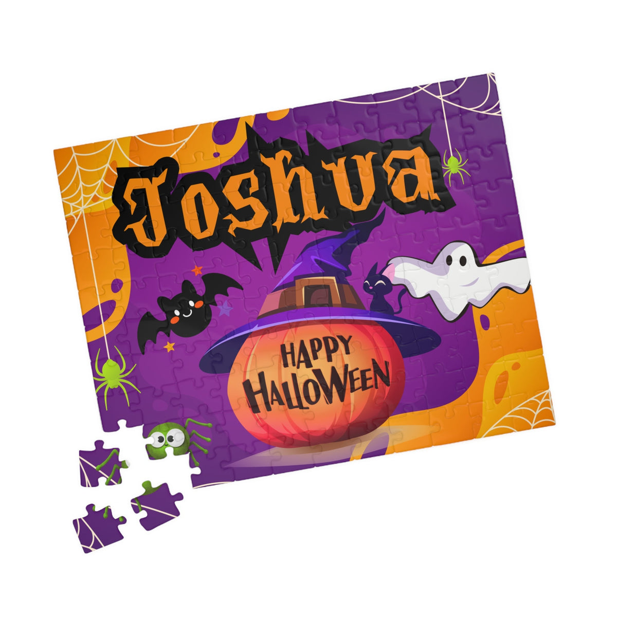 110-piece personalized Halloween kids puzzle displayed with loose jigsaw pieces, featuring a customizable name and a spooky design with ghosts, pumpkin, bats, and spiders.