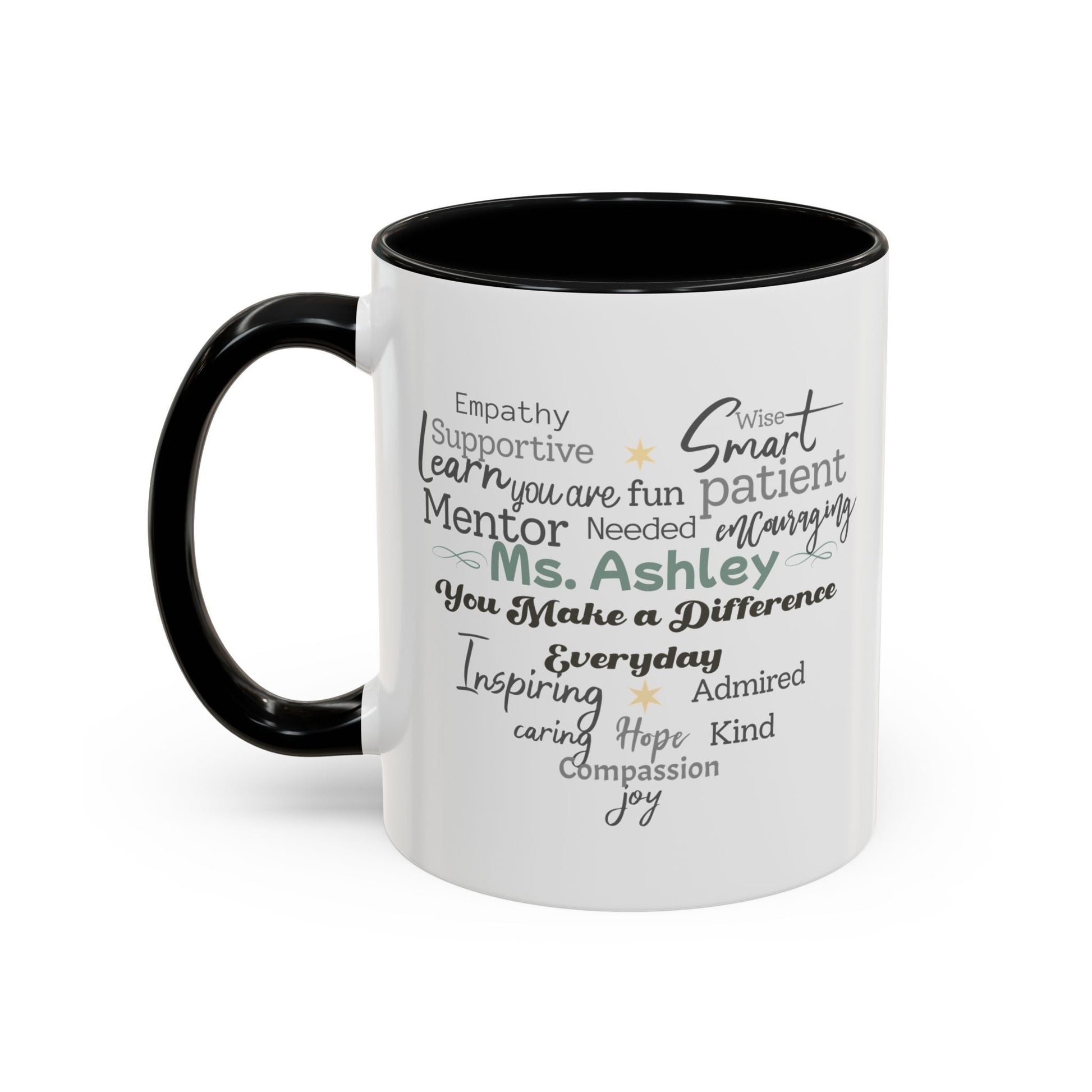 Personalized Heart Word Cloud Accent Mug – Custom Name Gift for Teachers, Therapists & Mentors, Black Handle, 11oz & 15oz Printify