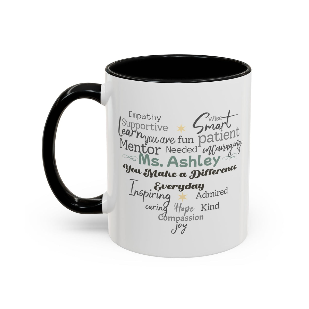 Personalized Heart Word Cloud Accent Mug – Custom Name Gift for Teachers, Therapists & Mentors, Black Handle, 11oz & 15oz Printify