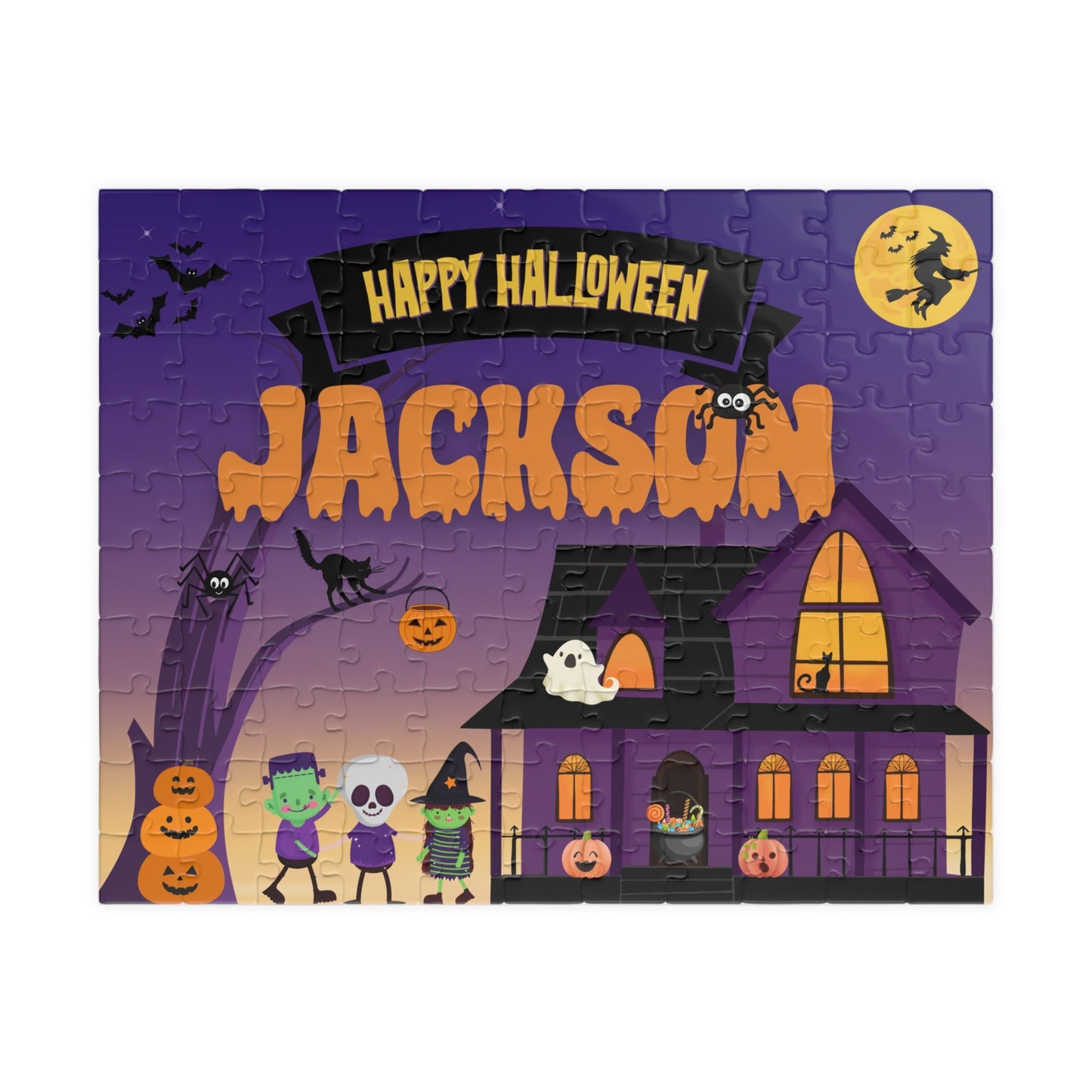 Personalized 110-piece Halloween jigsaw puzzle for kids featuring a spooky haunted house scene with trick-or-treaters, bats, pumpkins, and moon. Puzzle includes a customizable name printed prominently across the top of the design.