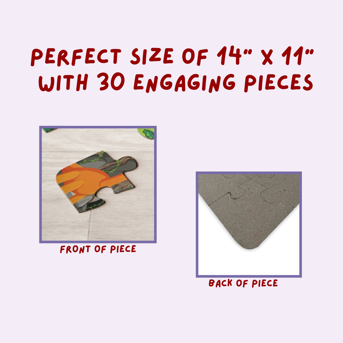 Close-up graphic showing the front and back of a jigsaw puzzle piece, highlighting printed artwork on the front and plain chipboard backing, with text indicating puzzle size and piece count.