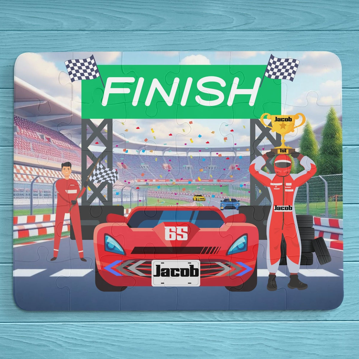 Personalized racecar jigsaw puzzle for kids showing a finish line stadium scene with a winning driver holding a trophy and a customizable child’s name displayed on the car’s license plate.