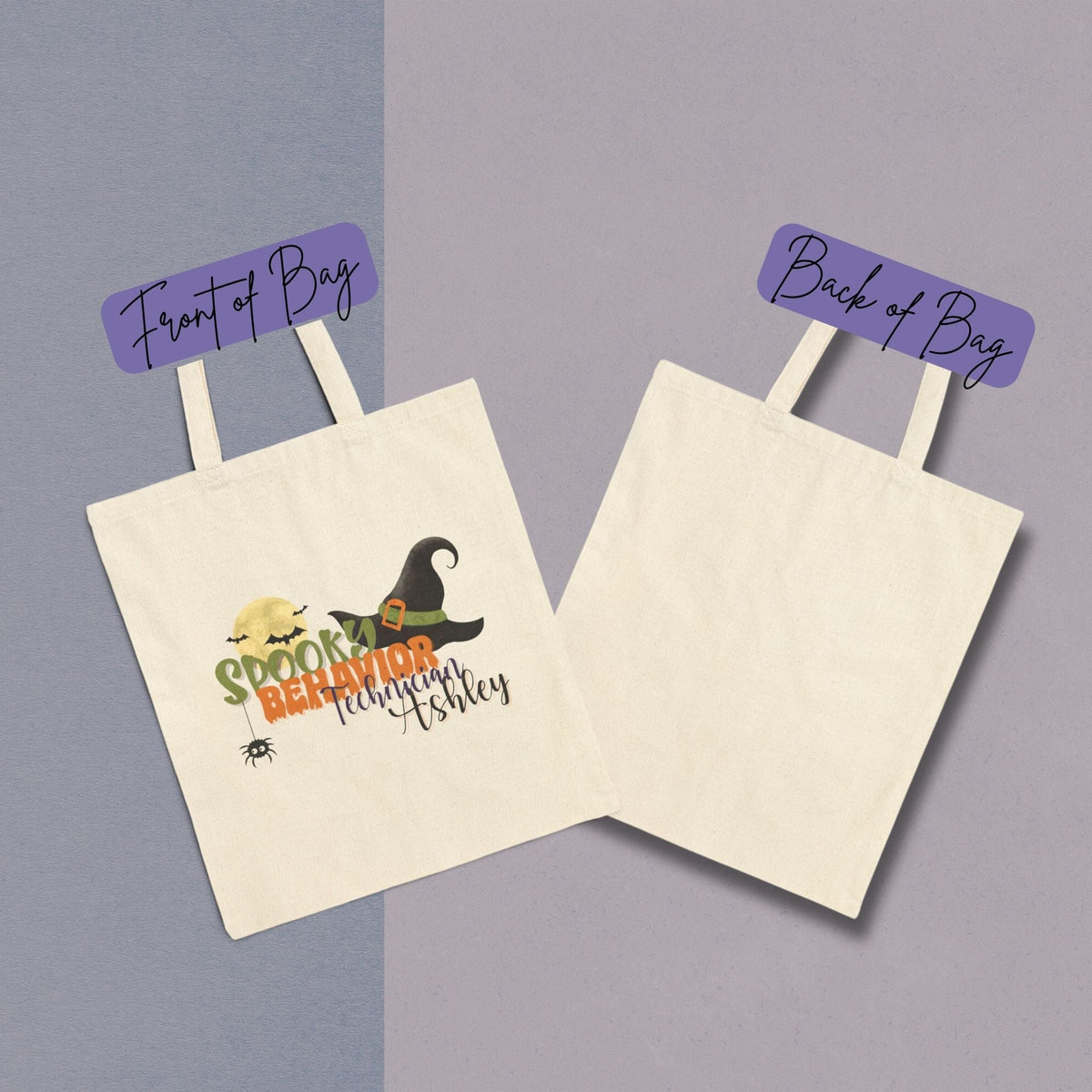 Personalized cotton canvas tote bag shown front and back, with a Halloween-themed spooky design and a customizable name printed on the front, and a blank back for a clean, minimal look.