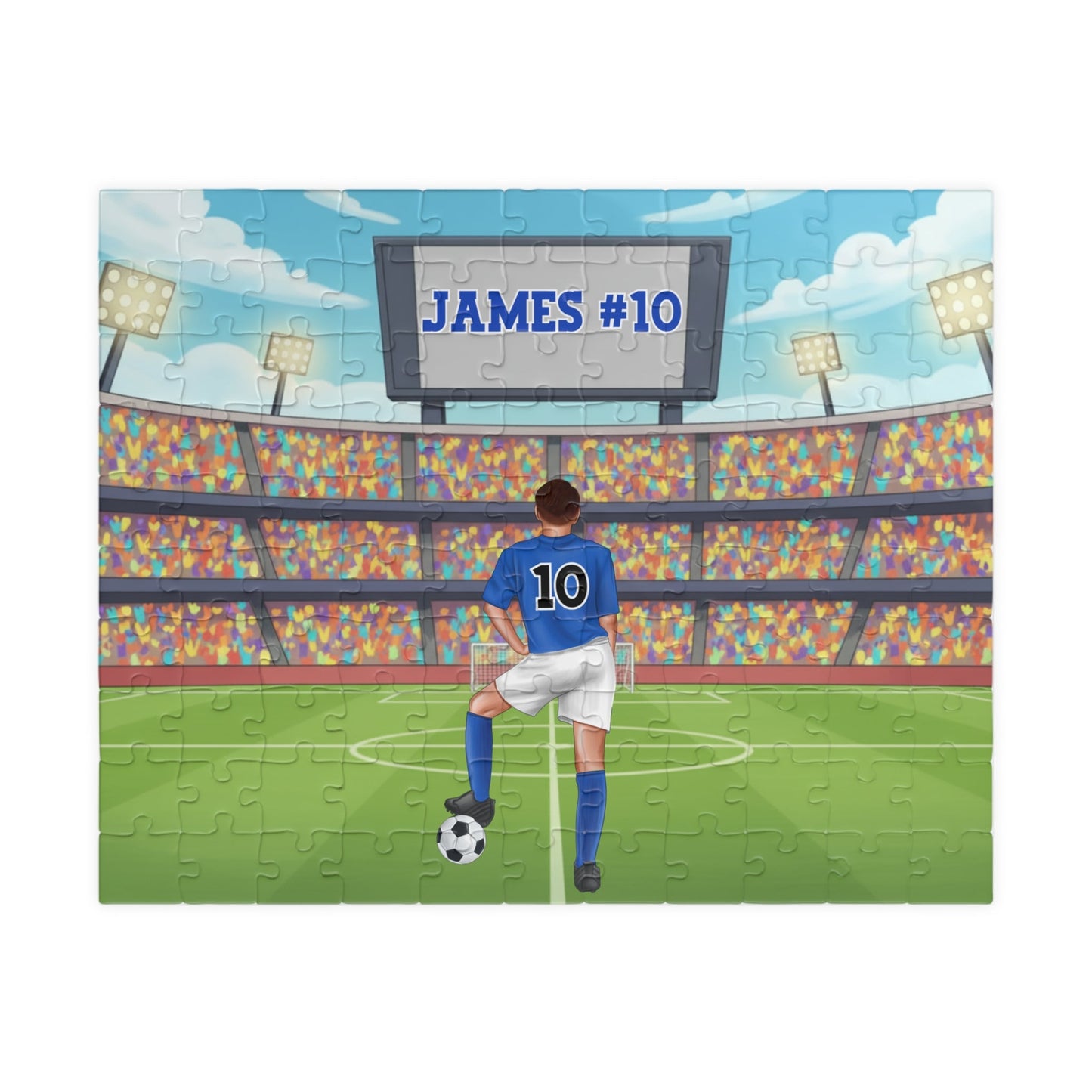 Personalized Boys Soccer Stadium Puzzle – Custom Name & Jersey Number (110 Pieces) Printify