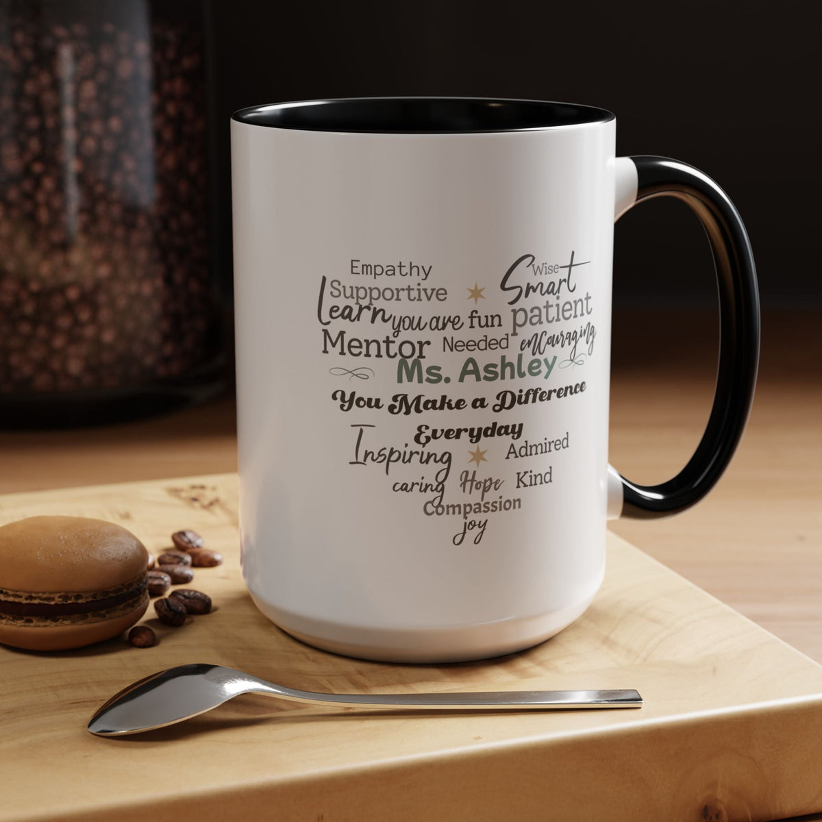 Personalized Heart Word Cloud Accent Mug – Custom Name Gift for Teachers, Therapists & Mentors, Black Handle, 11oz & 15oz Printify