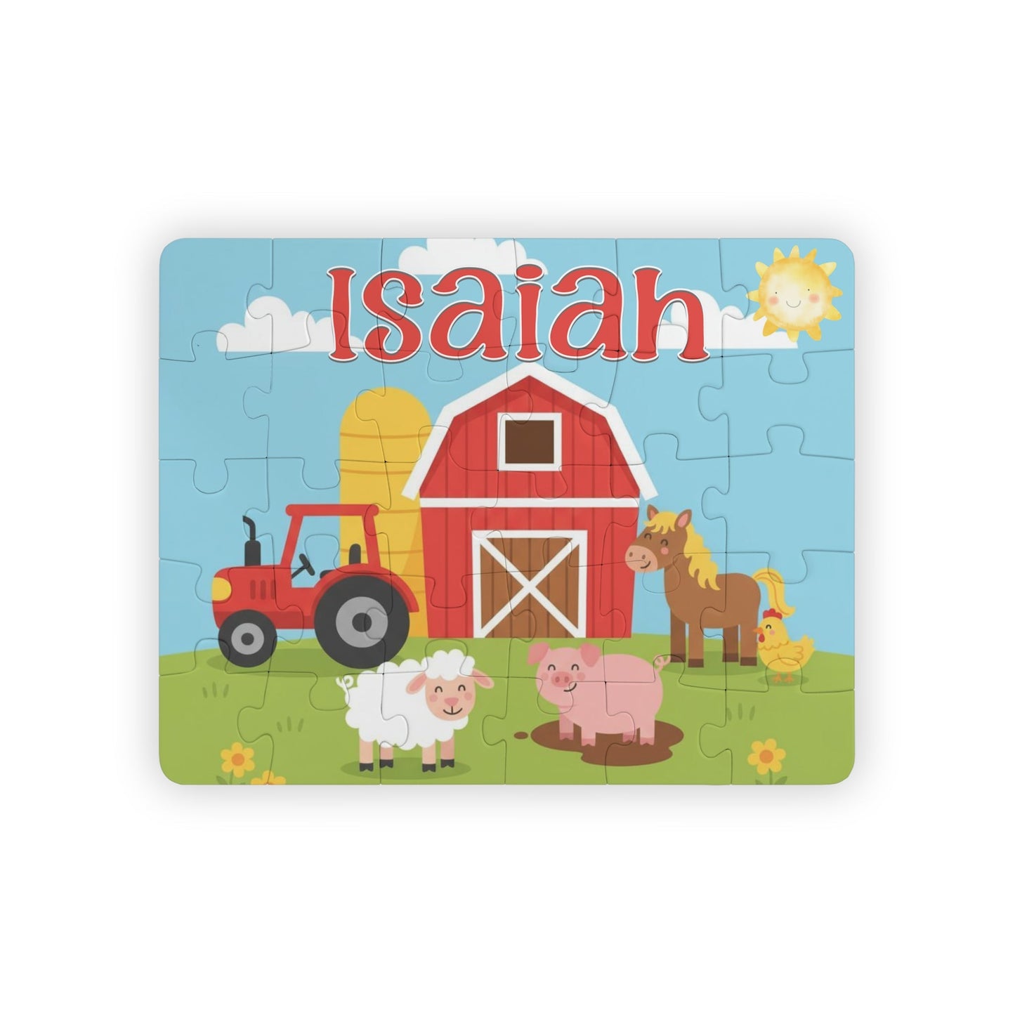 Personalized kids farm animal puzzle showing a colorful barnyard scene with a barn, tractor, horse, pig, sheep, and chicken, featuring a customizable child’s name displayed across the top of the puzzle.