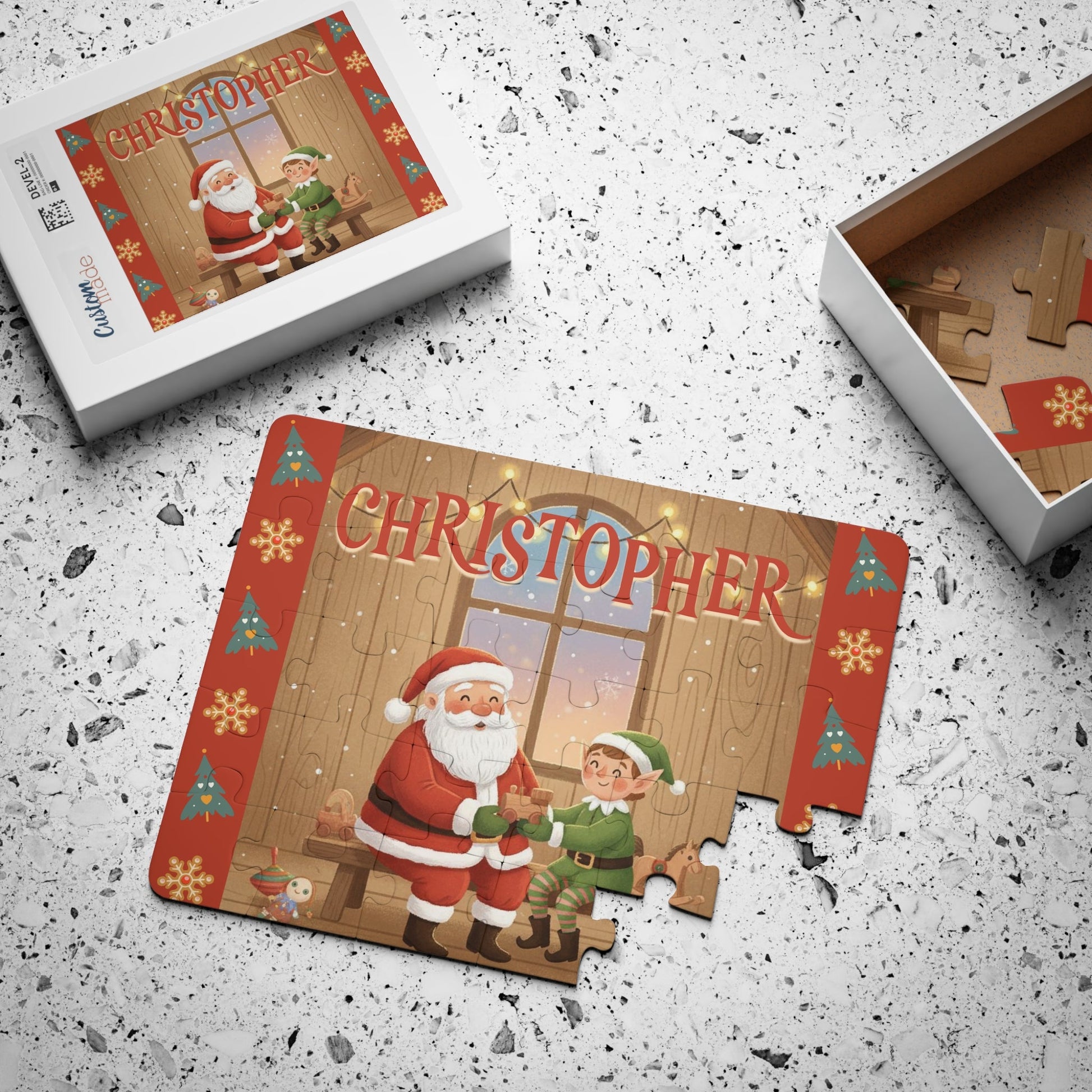 Personalized Santa’s Toy Workshop Puzzle – Custom Name Kids Christmas Jigsaw, 30-Piece Holiday Gift Printify
