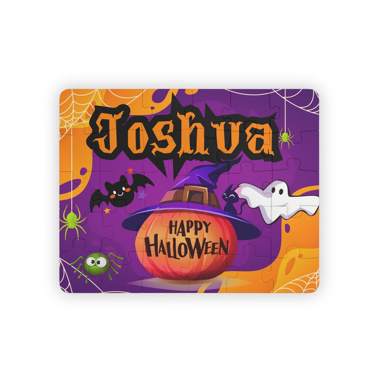 Full view of a personalized Halloween puzzle with a customizable name printed across the top, showing a spooky pumpkin centerpiece with ghost, bat, spider, and web illustrations.