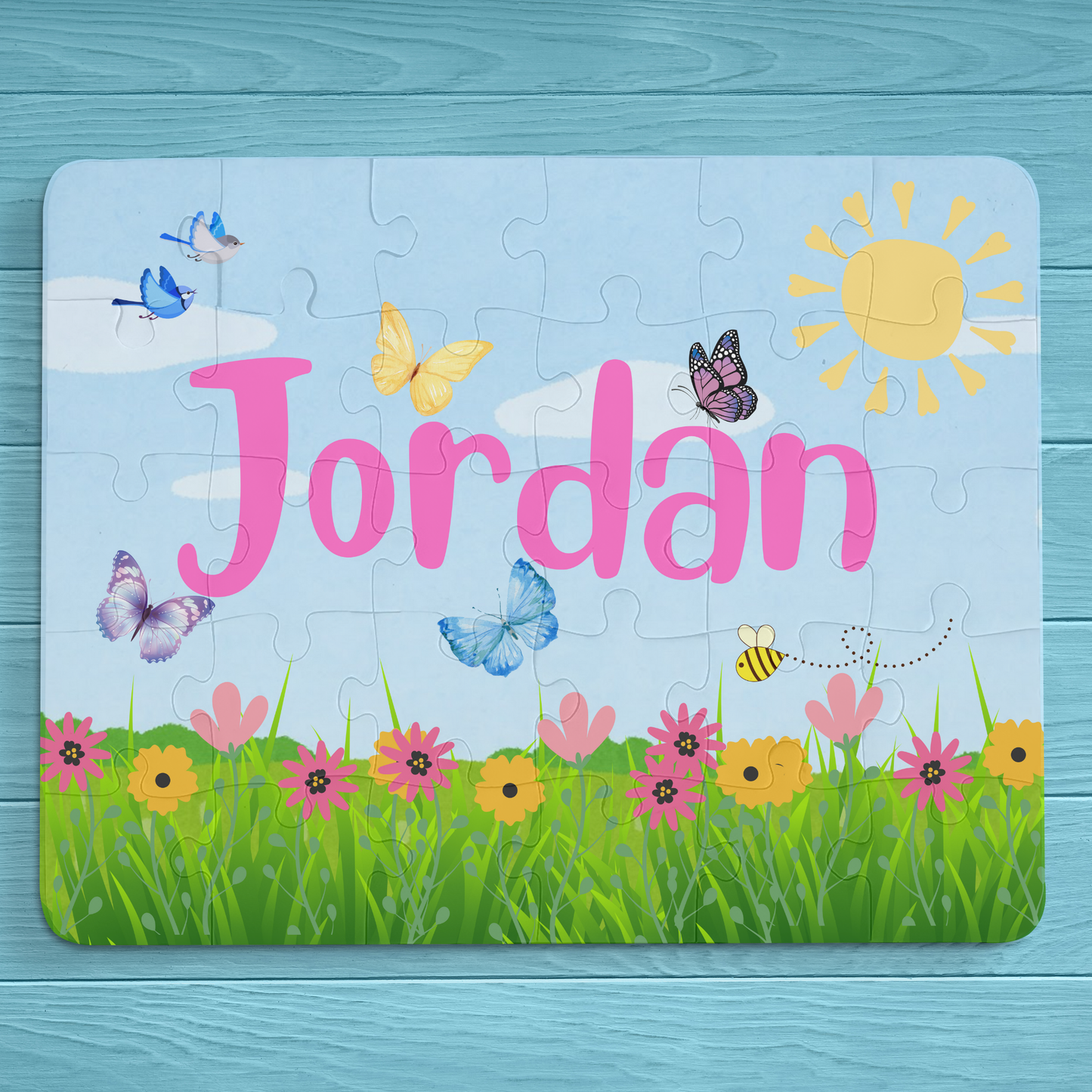 Personalized 30-Piece Kids Puzzle – Flowers, Butterflies, Birds & Bees on a Sunny Day Printify