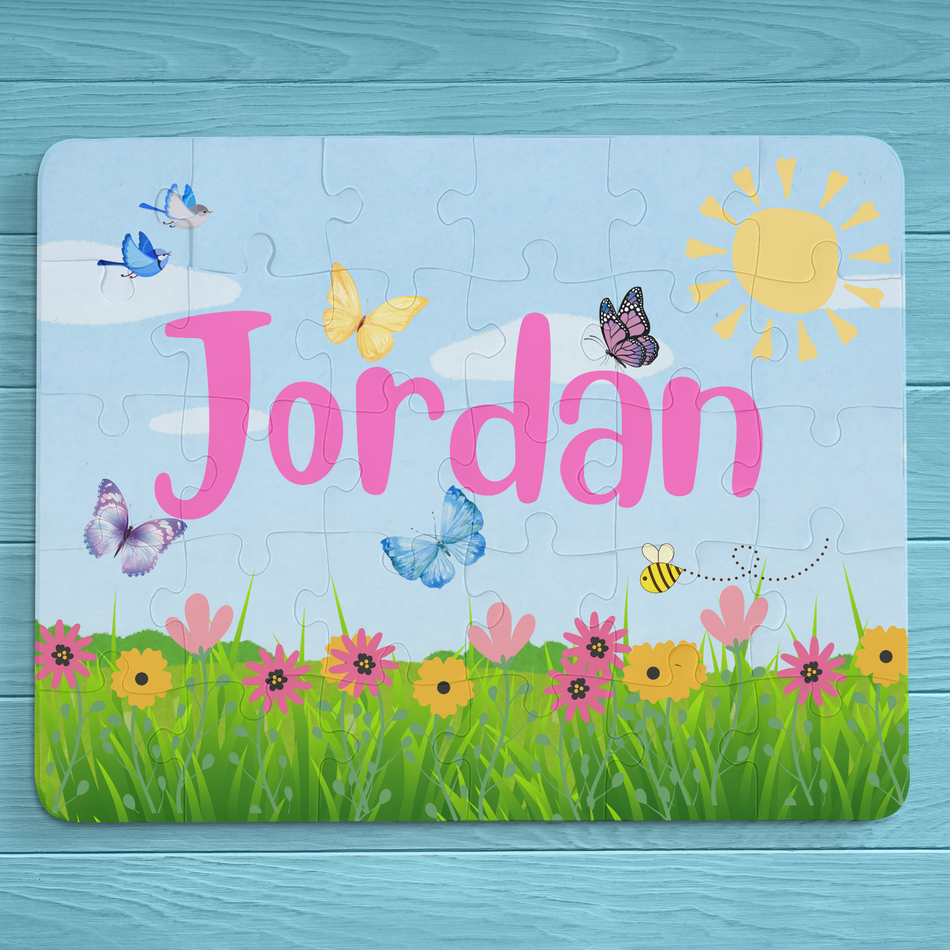 Personalized 30-Piece Kids Puzzle – Flowers, Butterflies, Birds & Bees on a Sunny Day Printify