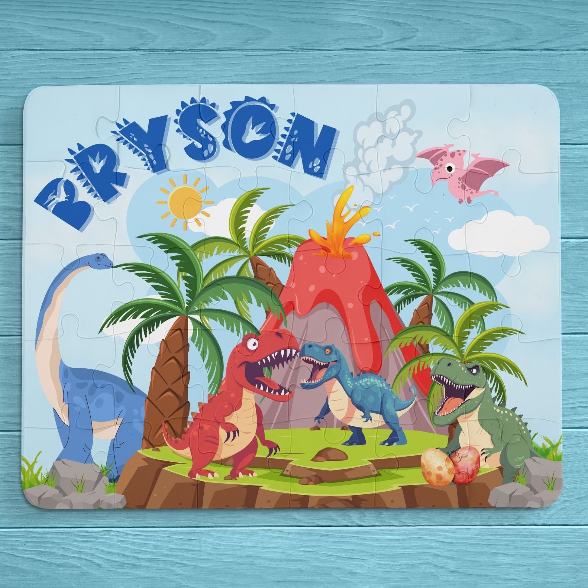 Personalized Dinosaur Jigsaw Puzzle – 30-Piece Jurassic Volcano Scene with T-Rex Printify