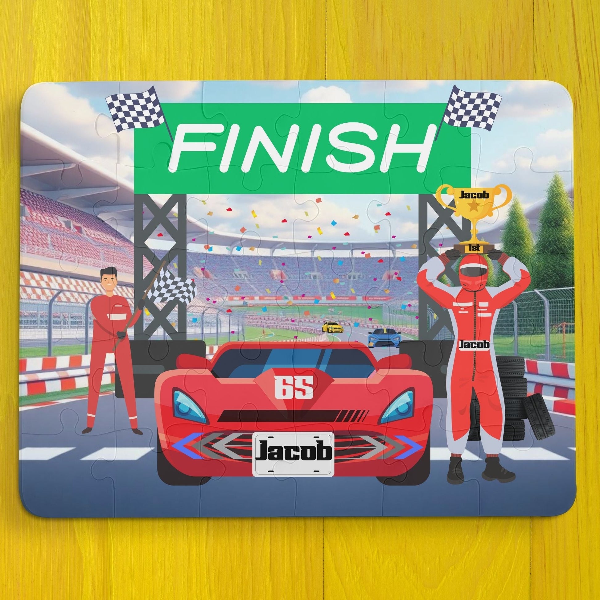 Personalized Kids Racecar Puzzle – 30-Piece Speedway Jigsaw with Winning Car, Custom Name on License Plate, Driver & Trophy Scene Printify