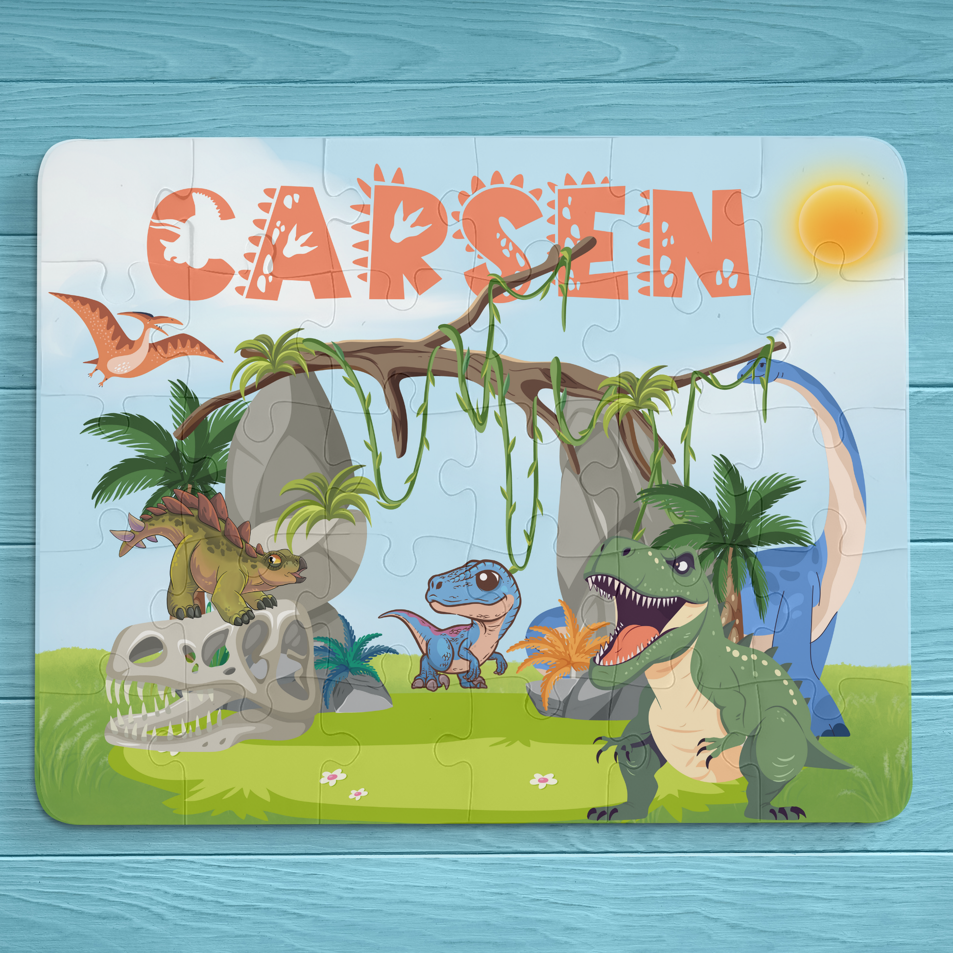 Personalized Dinosaur Puzzle for Kids – 30-Piece Custom Name Jigsaw Puzzle – Jurassic Theme Gift Printify