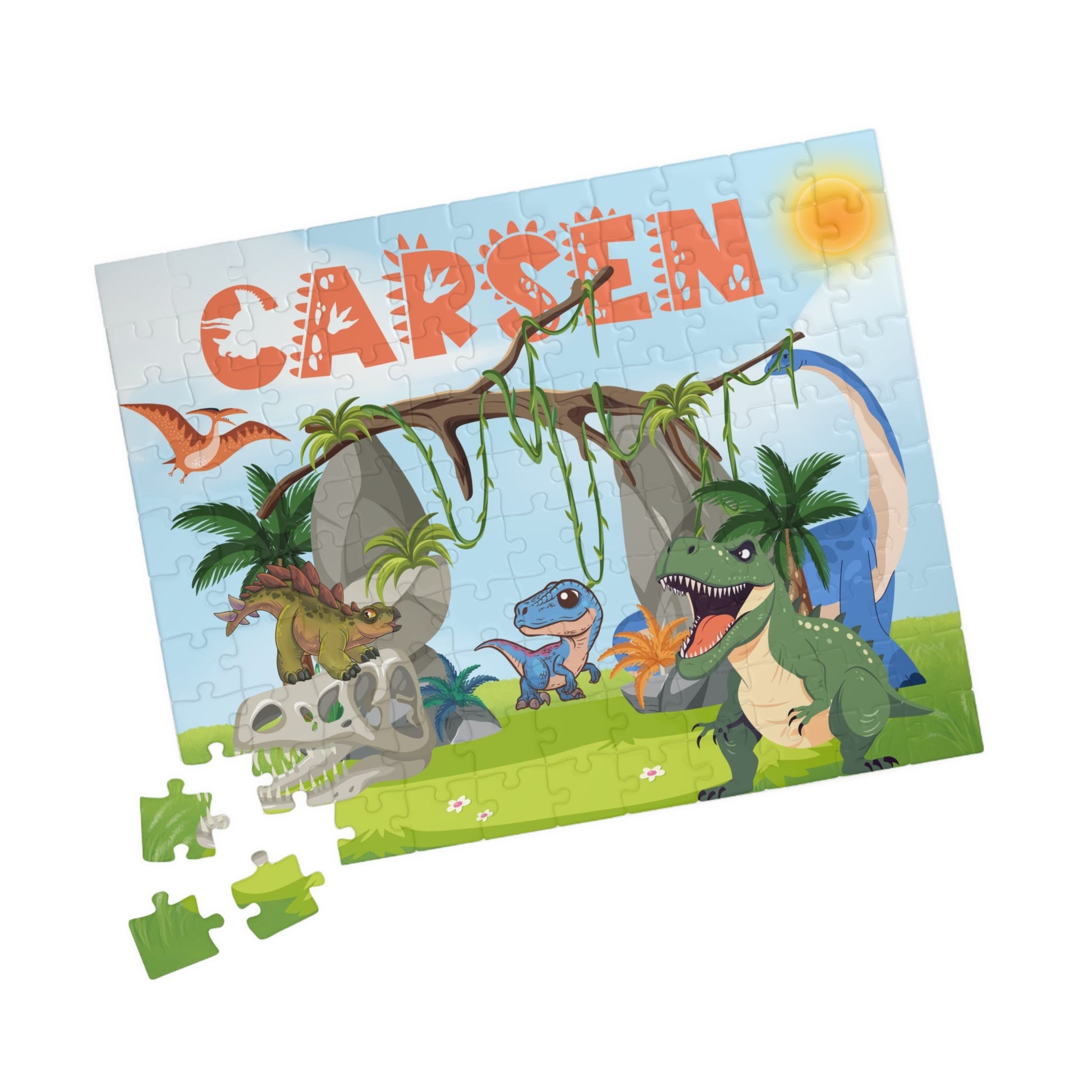 110-Piece Personalized Jurassic Dinosaur Scene Puzzle – Custom Name Dino Adventure Jigsaw Affordable ABA Materials