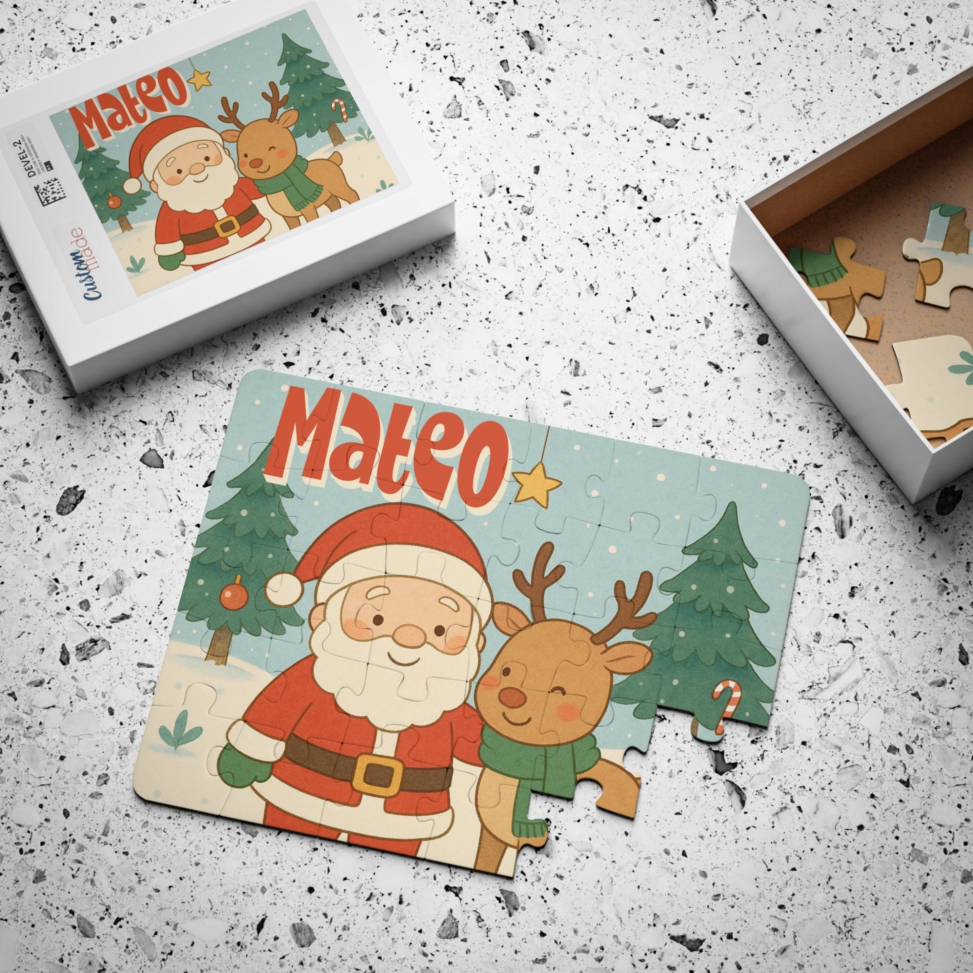 Personalized Santa & Reindeer Puzzle – Custom Name Kids Christmas Jigsaw, 30-Piece Holiday Gift Affordable ABA Materials