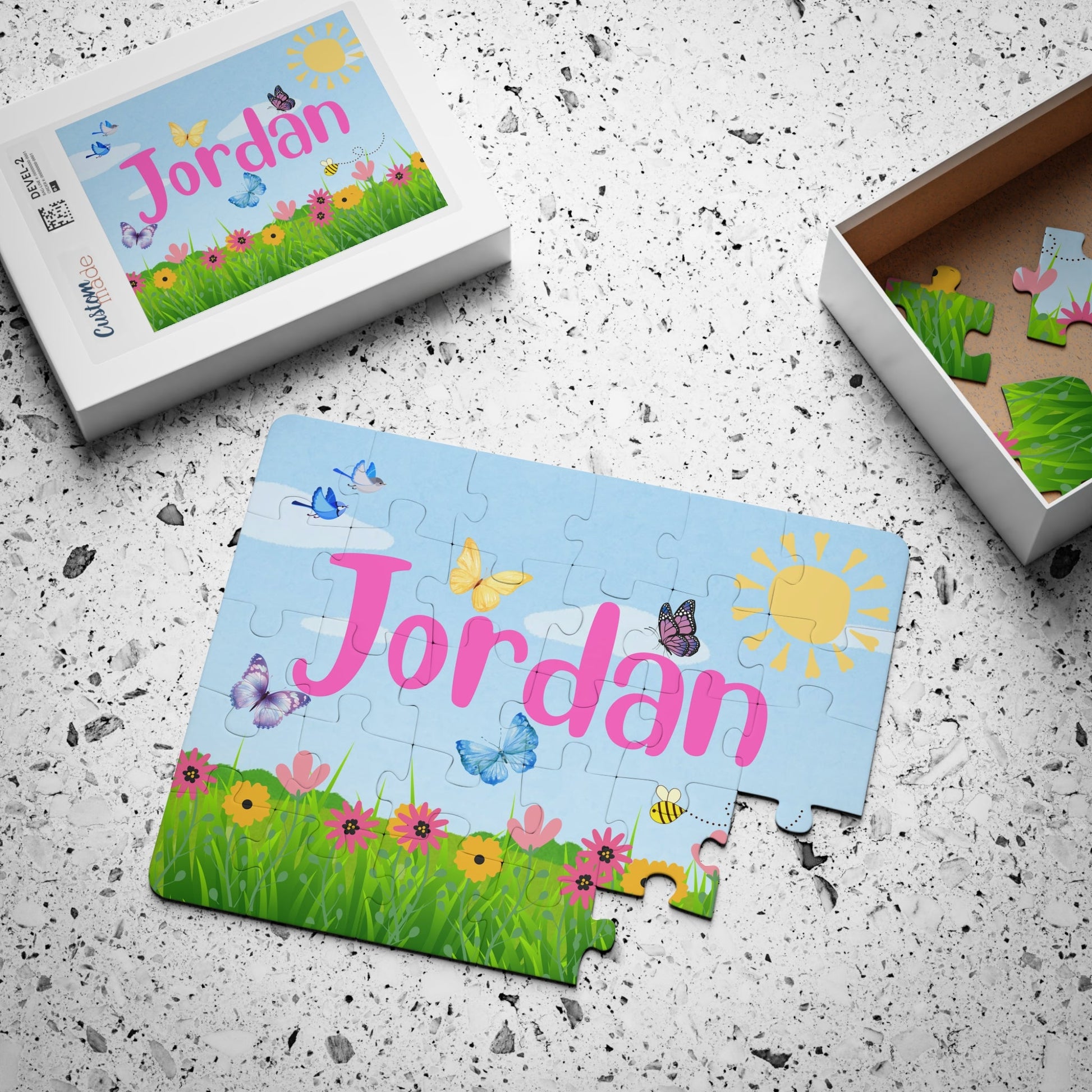 Personalized 30-Piece Kids Puzzle – Flowers, Butterflies, Birds & Bees on a Sunny Day Printify