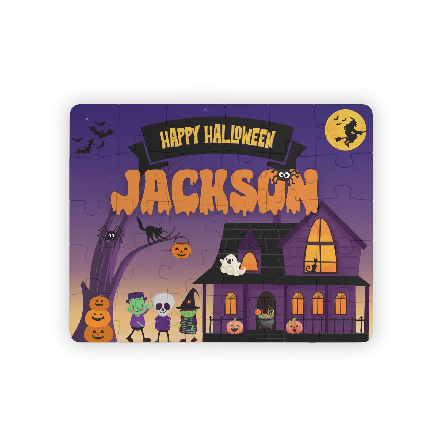 Personalized Halloween kids puzzle featuring a spooky haunted house scene with trick-or-treaters, pumpkins, bats, and a purple night sky. The puzzle includes a customizable child’s name displayed across the top and is a 30-piece jigsaw designed for young children.