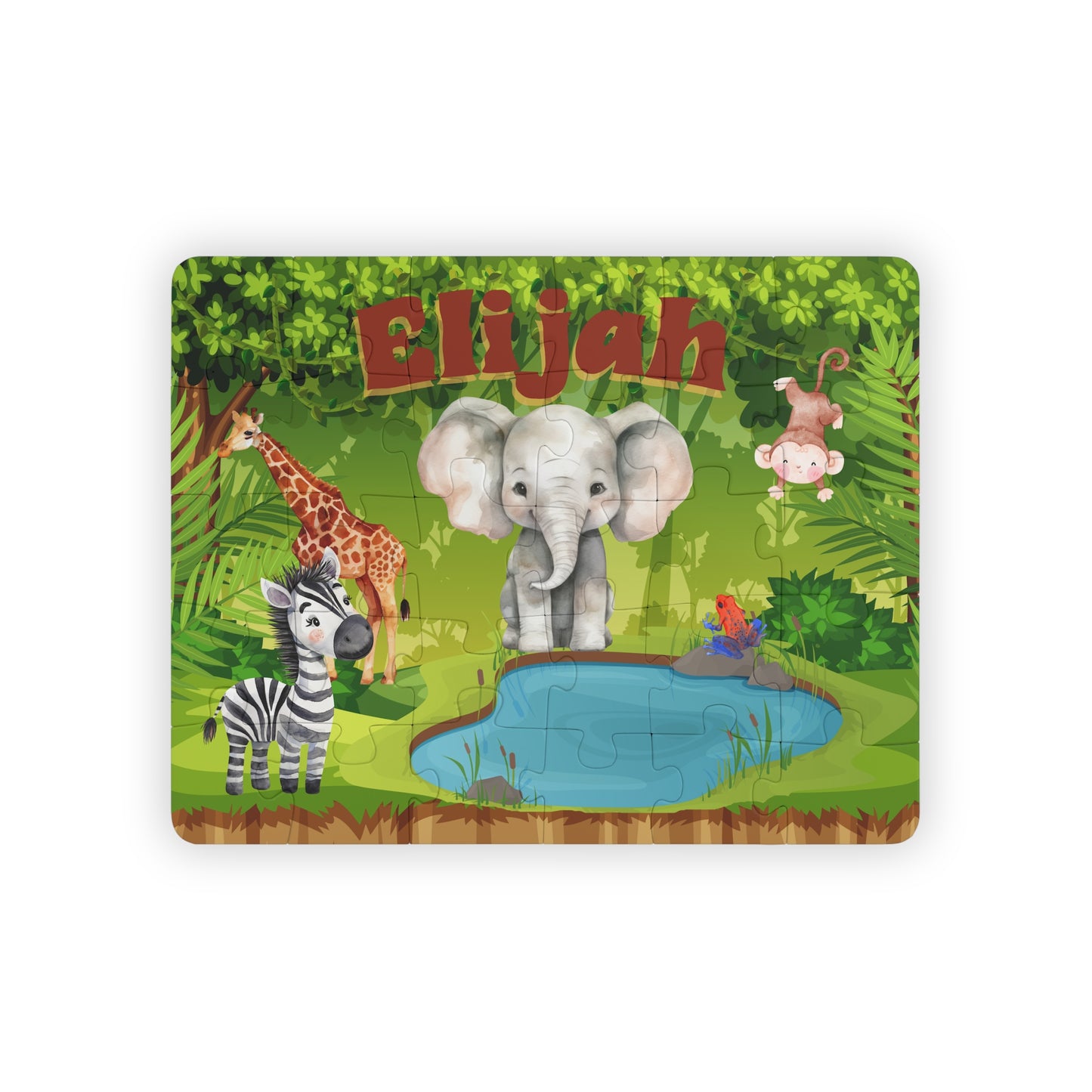 Personalized jungle animal name puzzle with elephant, giraffe, zebra, and monkey illustrations, featuring a customizable child’s name printed across the top of the 30-piece jigsaw puzzle.