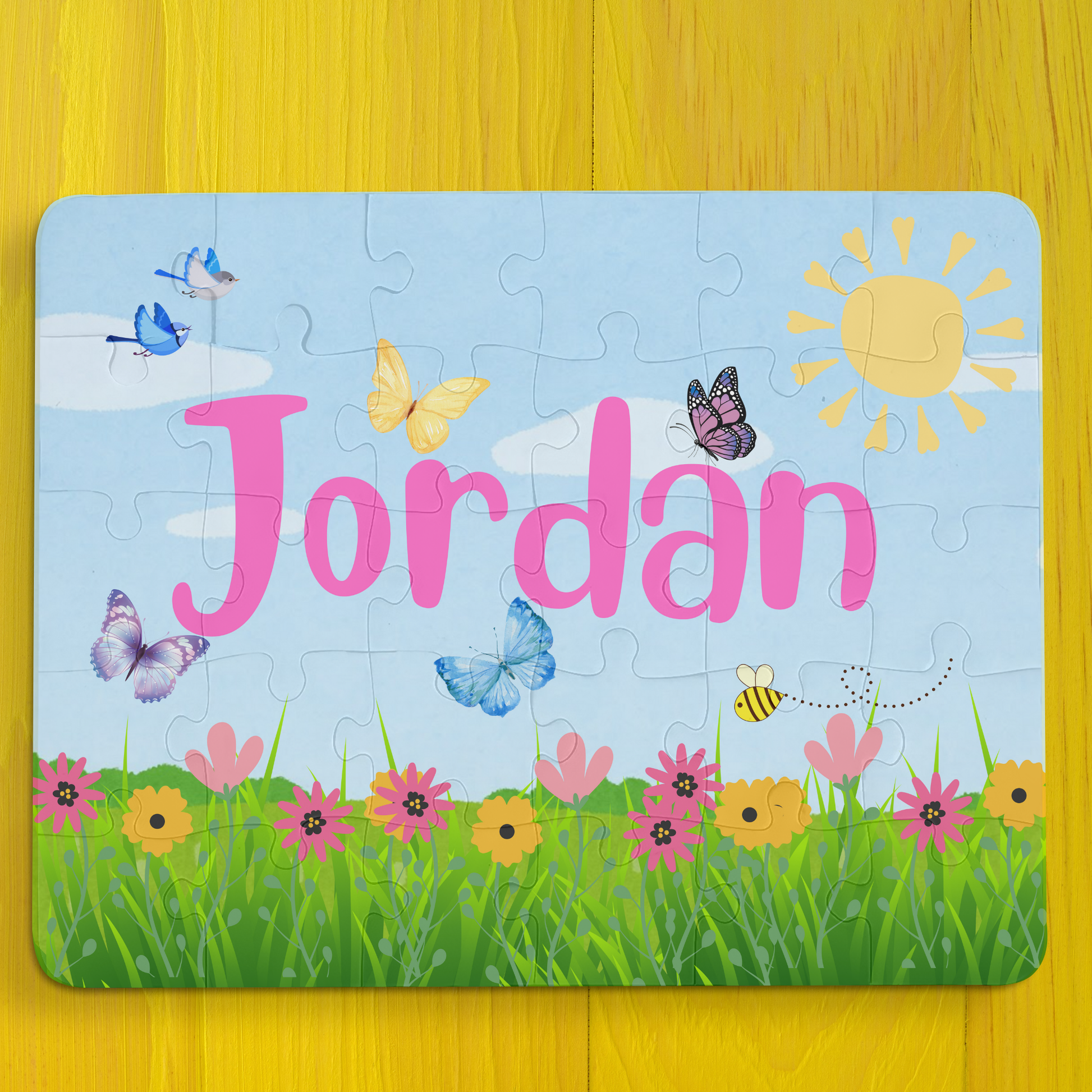 Personalized 30-Piece Kids Puzzle – Flowers, Butterflies, Birds & Bees on a Sunny Day Printify