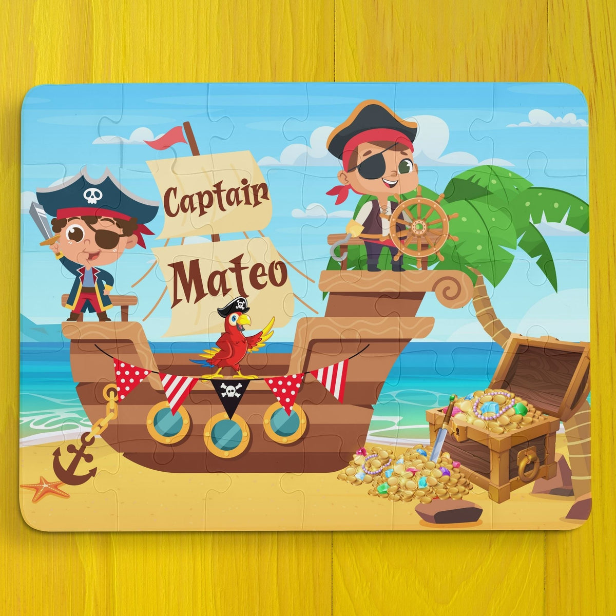 Personalized pirate ship name puzzle for kids featuring two cute cartoon pirates sailing on a wooden ship with a parrot, treasure chest, gold coins, and ocean background. The child’s name is customizable and appears on the sail of the ship (shown as “Captain Mateo”), making this a custom 30-piece jigsaw designed for toddlers and young children.