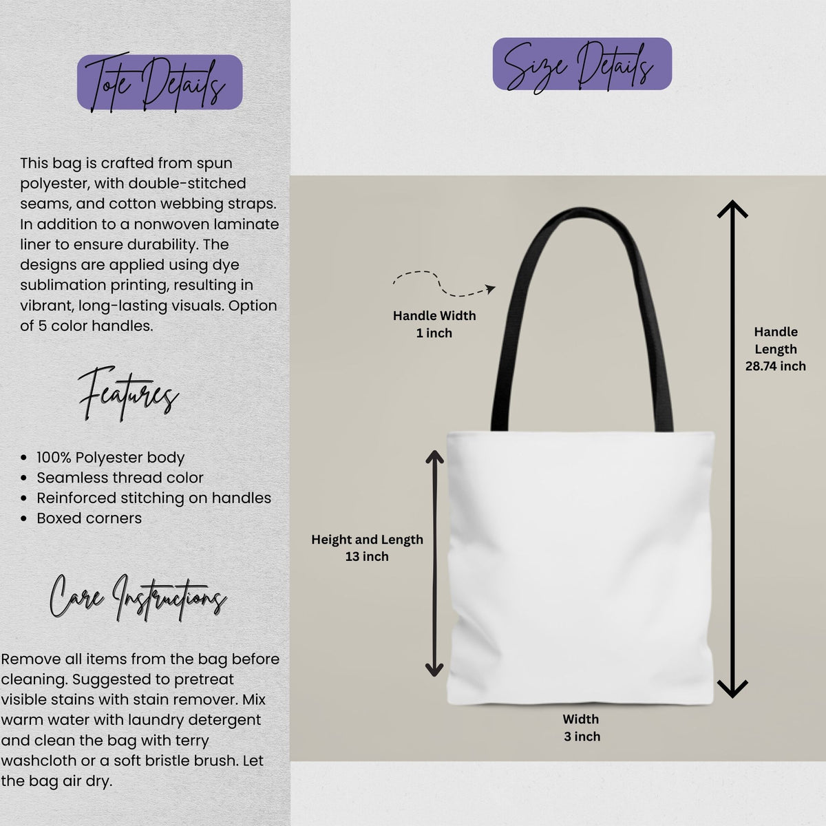 Size and material details graphic for a polyester tote bag showing a 13 x 13 inch body, 3 inch depth, 1 inch wide handles, and 28.74 inch handle length, with notes on reinforced stitching, boxed corners, and care instructions.