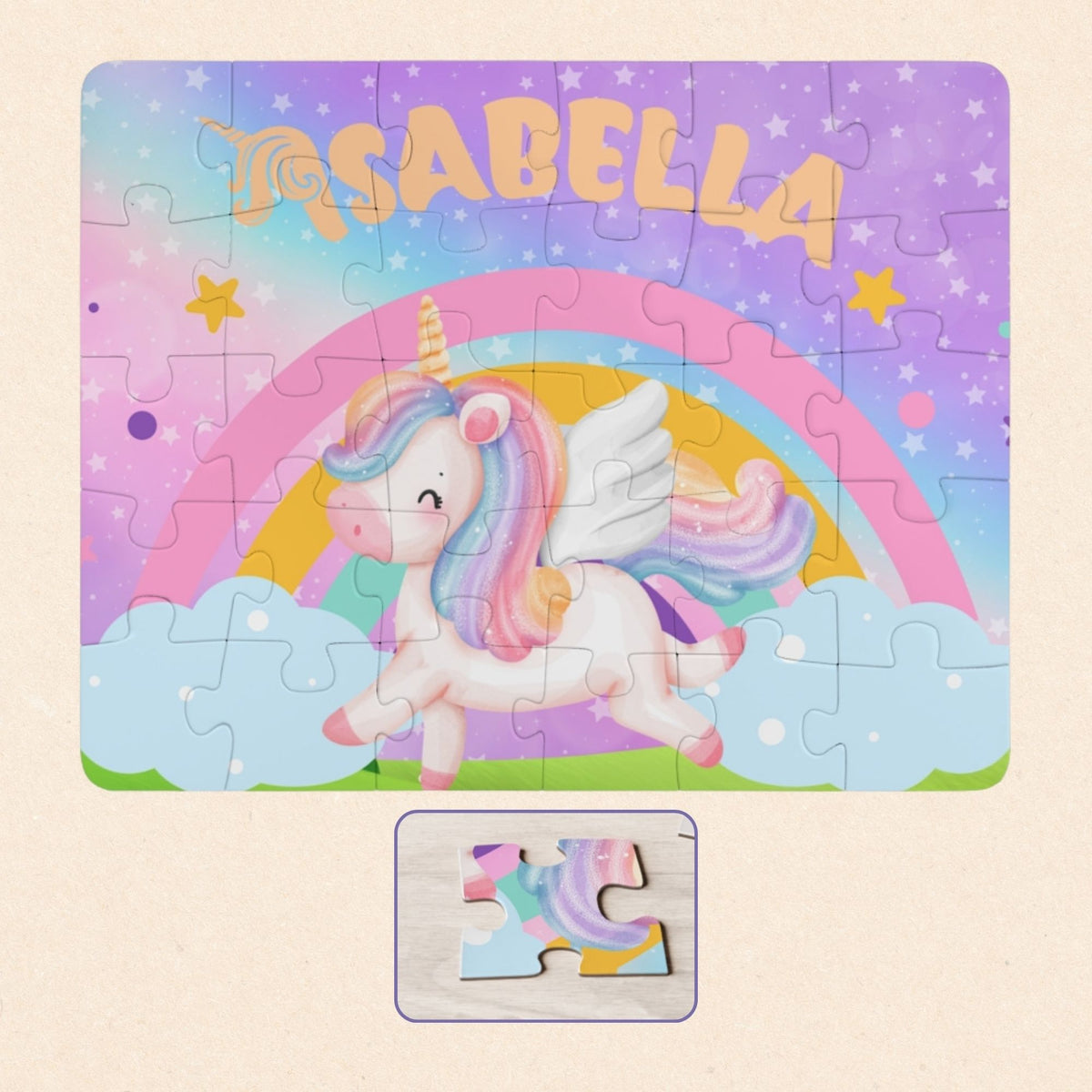 Personalized unicorn-themed kids jigsaw puzzle with a customizable name displayed across the top, featuring a pastel unicorn, rainbow, clouds, and stars on a colorful background.