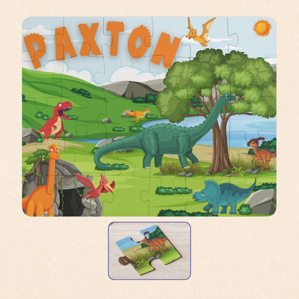 Personalized dinosaur name puzzle for kids featuring a colorful Jurassic scene with volcano, T-rex, palm trees, and friendly dinosaurs, custom child name displayed at the top, 30-piece educational jigsaw