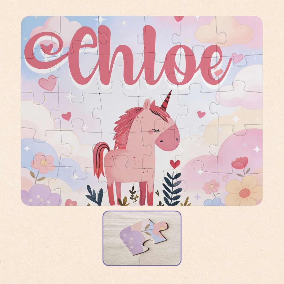 Personalized unicorn name puzzle for kids featuring a cute pink unicorn surrounded by hearts, flowers, and soft pastel clouds. The child’s name is customizable and appears large across the top of the puzzle (shown as “Chloe”), making this a custom 30-piece jigsaw designed for toddlers and young children.