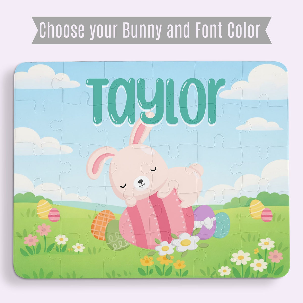 Personalization preview image for an Easter bunny jigsaw puzzle showing a customizable bunny design and selectable font color options, with the child’s name personalized at the top of the puzzle.