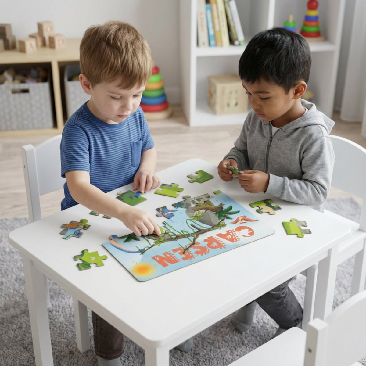 Children playing with a dinosaur jigsaw puzzle at a table, assembling colorful pieces together, demonstrating a fun and engaging personalized puzzle activity for kids.