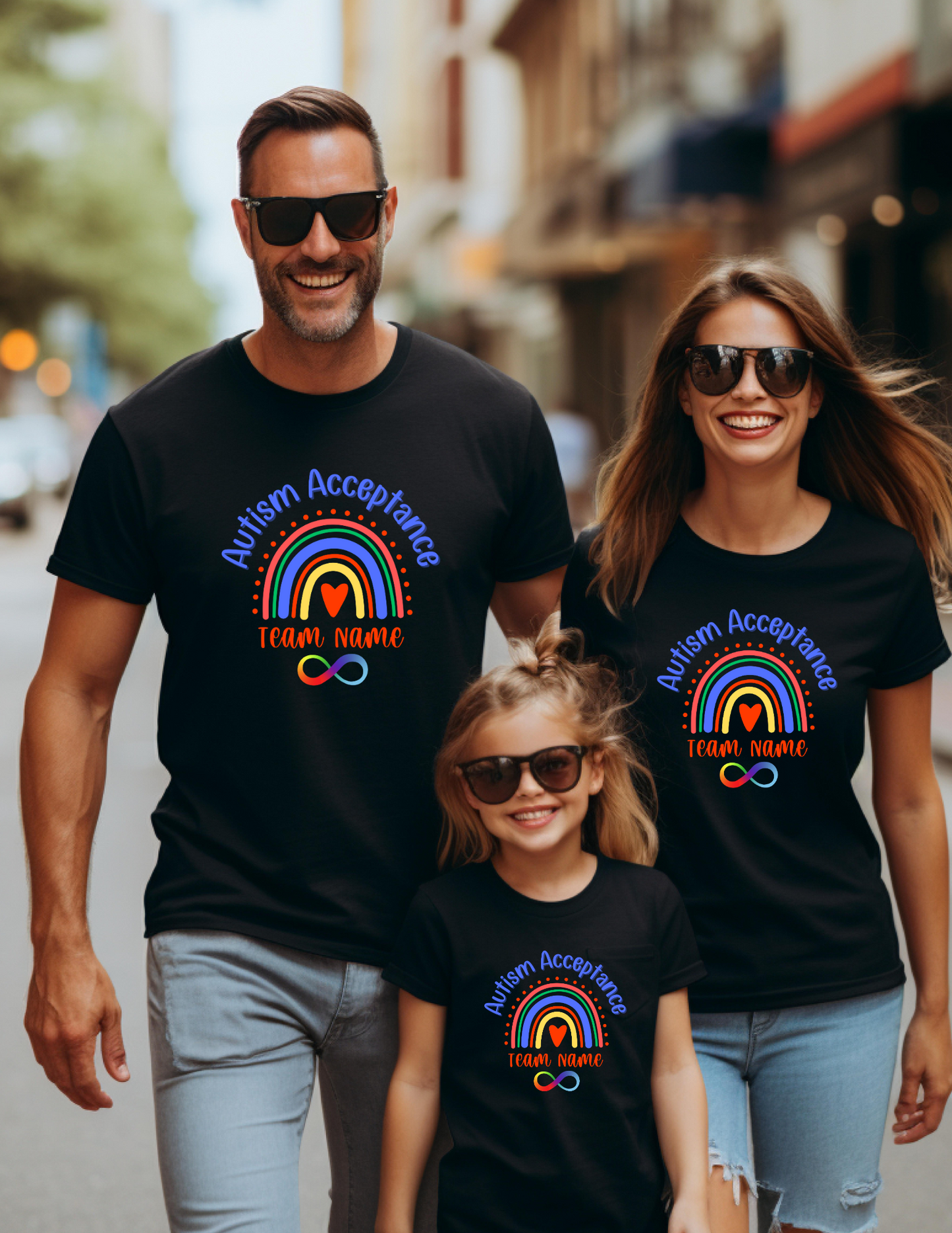 Autism Acceptance Team Shirt with Space for Custom Name - Rainbow Infinity Design Unisex Youth T-Shirt