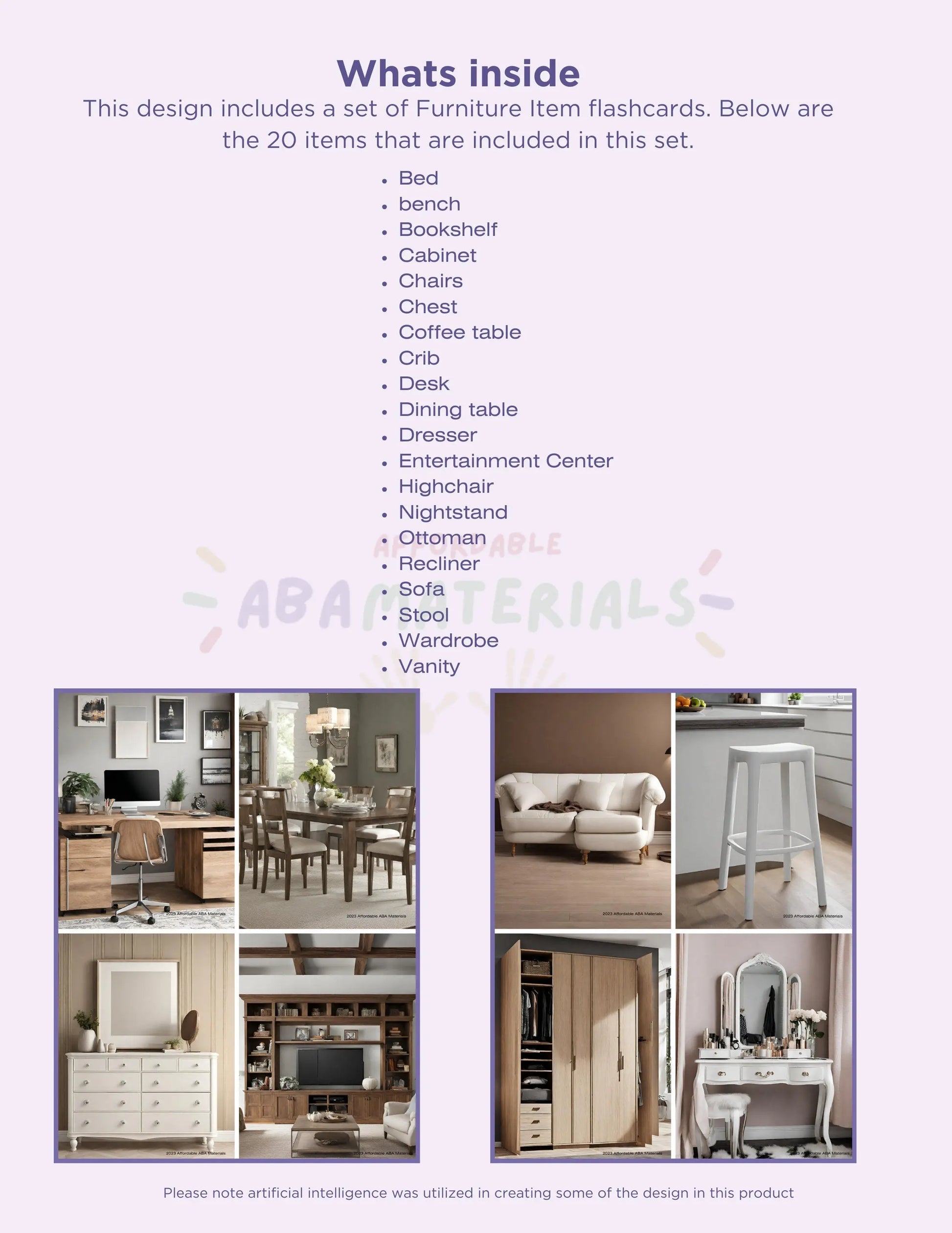 Furniture Flash Cards - 20 Printable Furniture Flashcards for Kids Flash Card Set for Teachers and Parents Print at home Digital File My Store