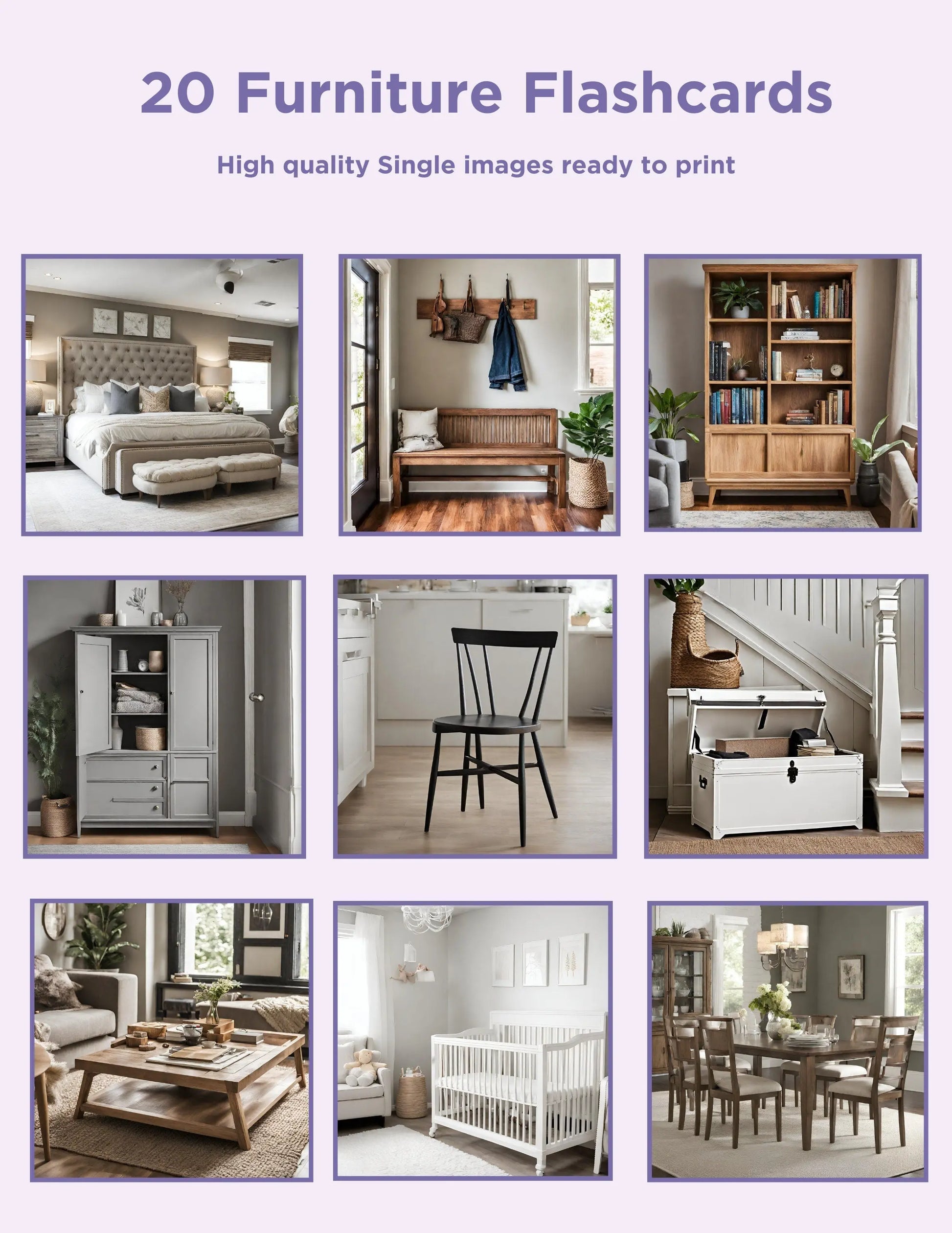 Furniture Flash Cards - 20 Printable Furniture Flashcards for Kids Flash Card Set for Teachers and Parents Print at home Digital File My Store