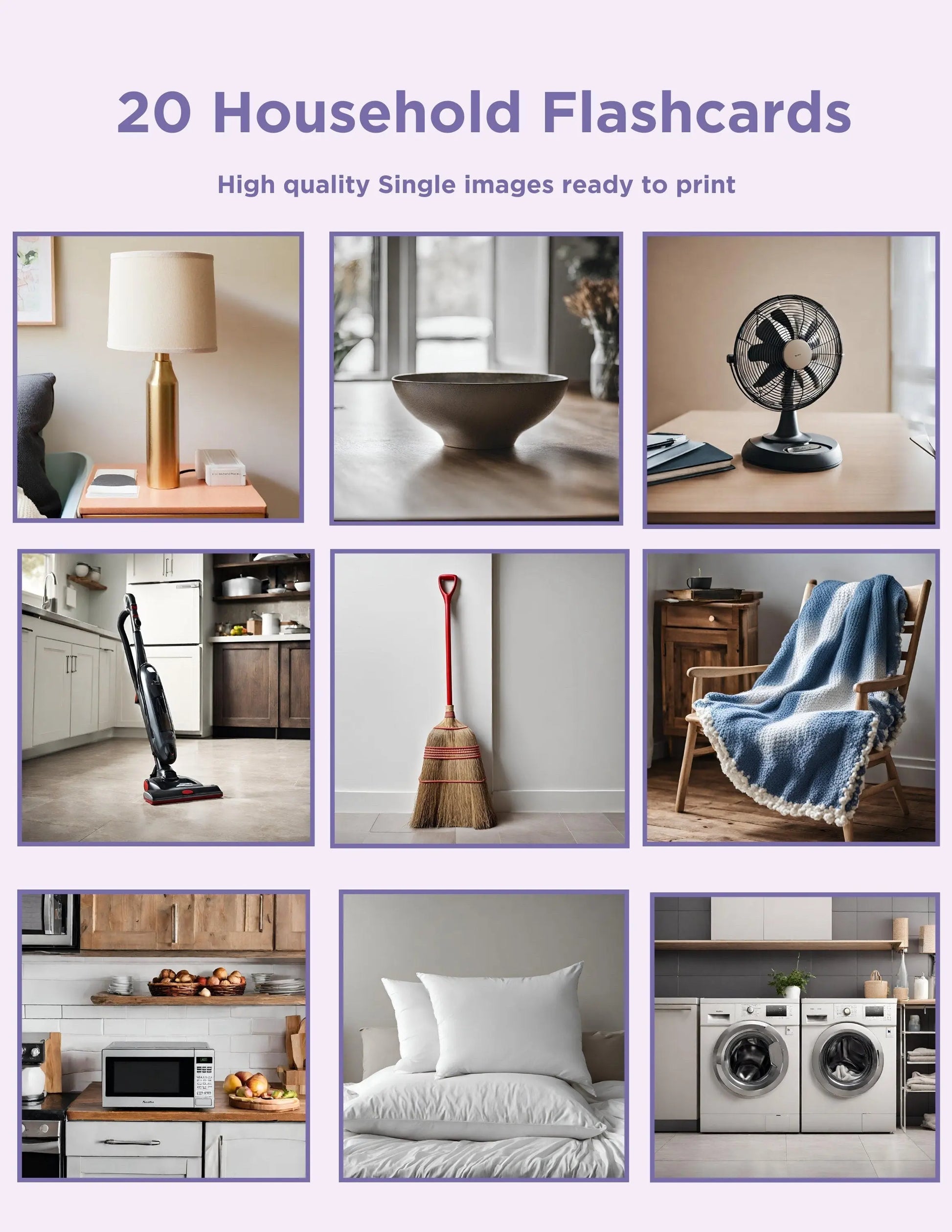 Household Item Printable Flash Cards- 20 Children Flashcards, Preschool Learning, Teach Kids About Everyday Home Items, Instant Download My Store