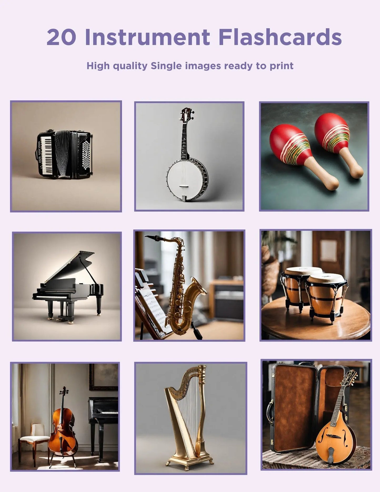 20 Musical Instrument Printable Flash Card Set- Perfect Flashcards for Kids or Teachers Pictures of Instruments Montessori Cards Digital My Store