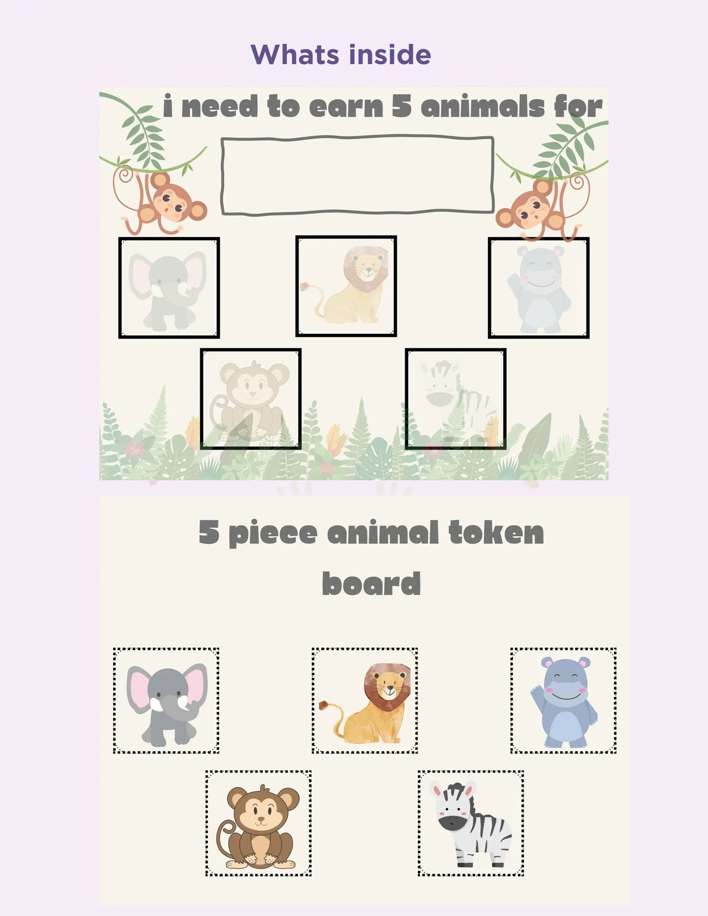 Printable Animal Themed 5 Piece Token Board for Kids- Visual Aid for Positive Reinforcement Cute Animal I am working for Board Token Economy My Store