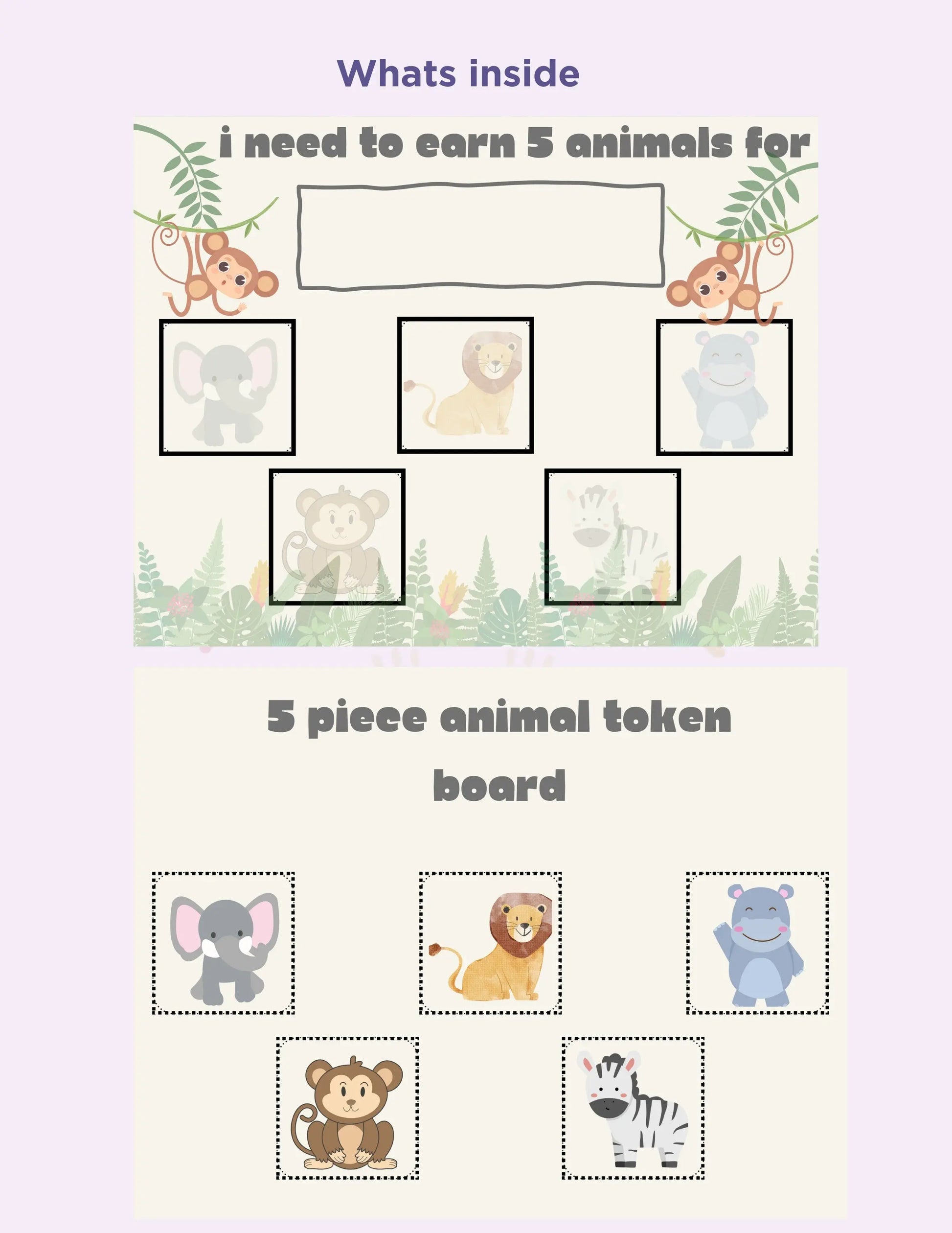 Printable Animal Themed 5 Piece Token Board for Kids- Visual Aid for Positive Reinforcement Cute Animal I am working for Board Token Economy My Store