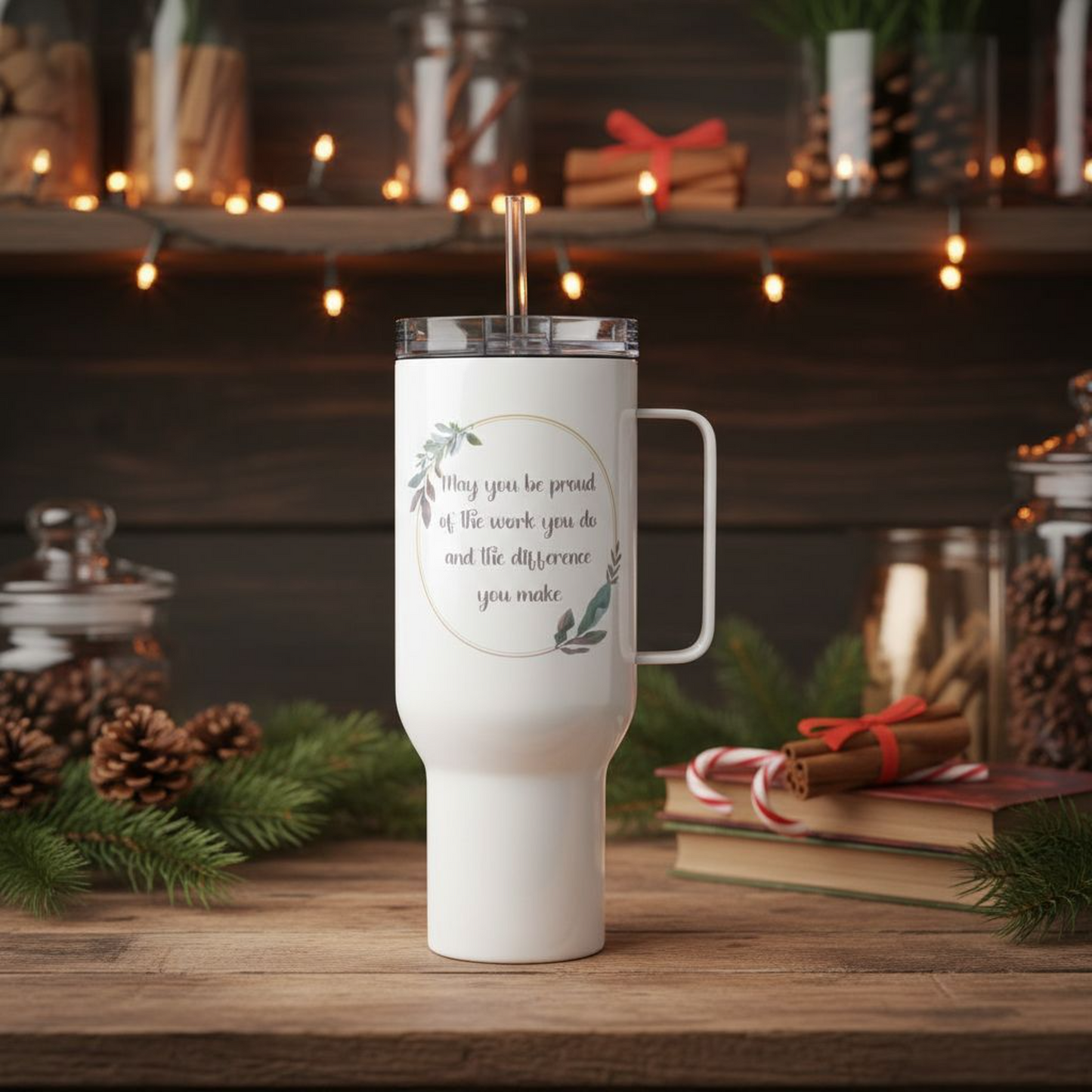 White 40 oz insulated travel mug with handle and clear lid, featuring a floral circular quote design on the front and a customizable name printed on the side, styled on a wooden surface with holiday décor and warm lighting.